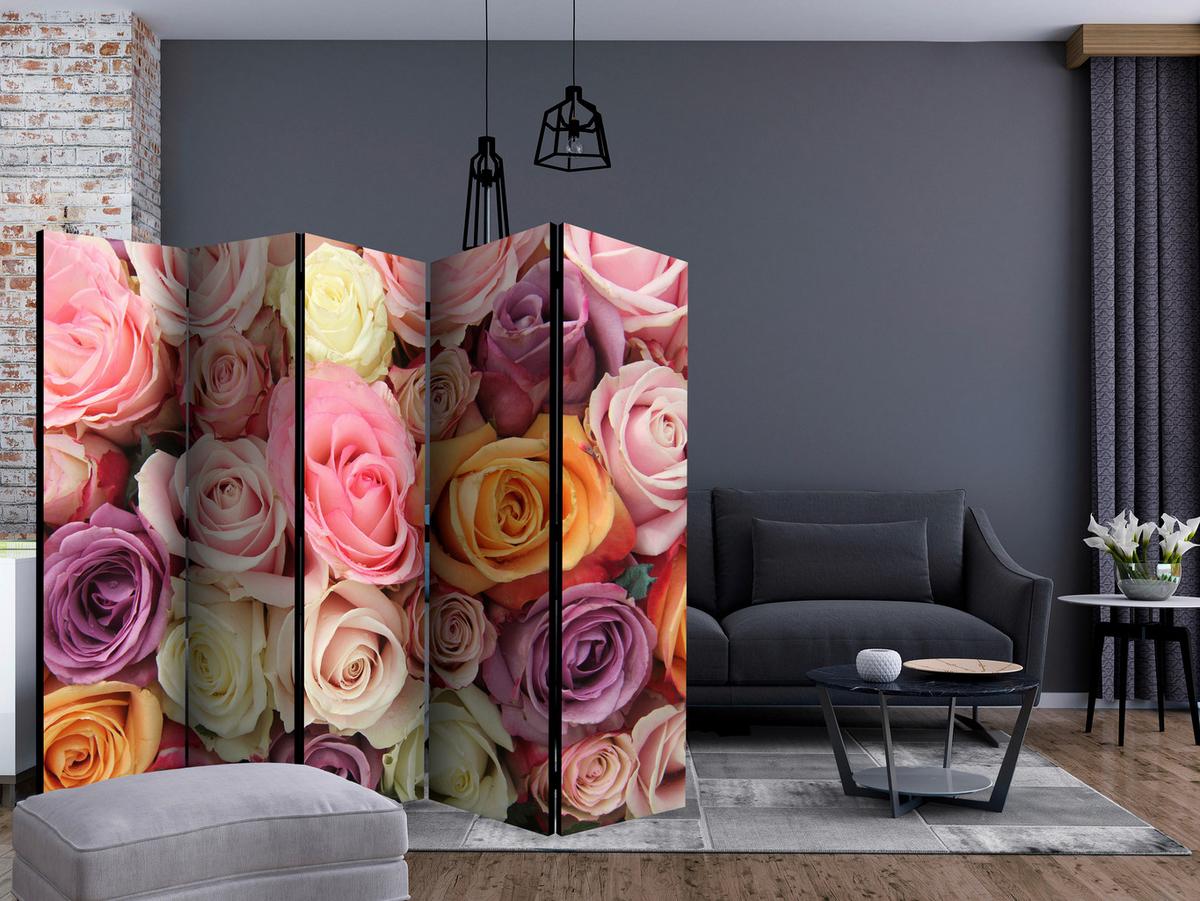 Paravan Pastel Roses Ii, 5-Delni, Dvostranski - vijolična/svetlo roza, Basics, tekstil/les (225/172/3cm) - artgeist