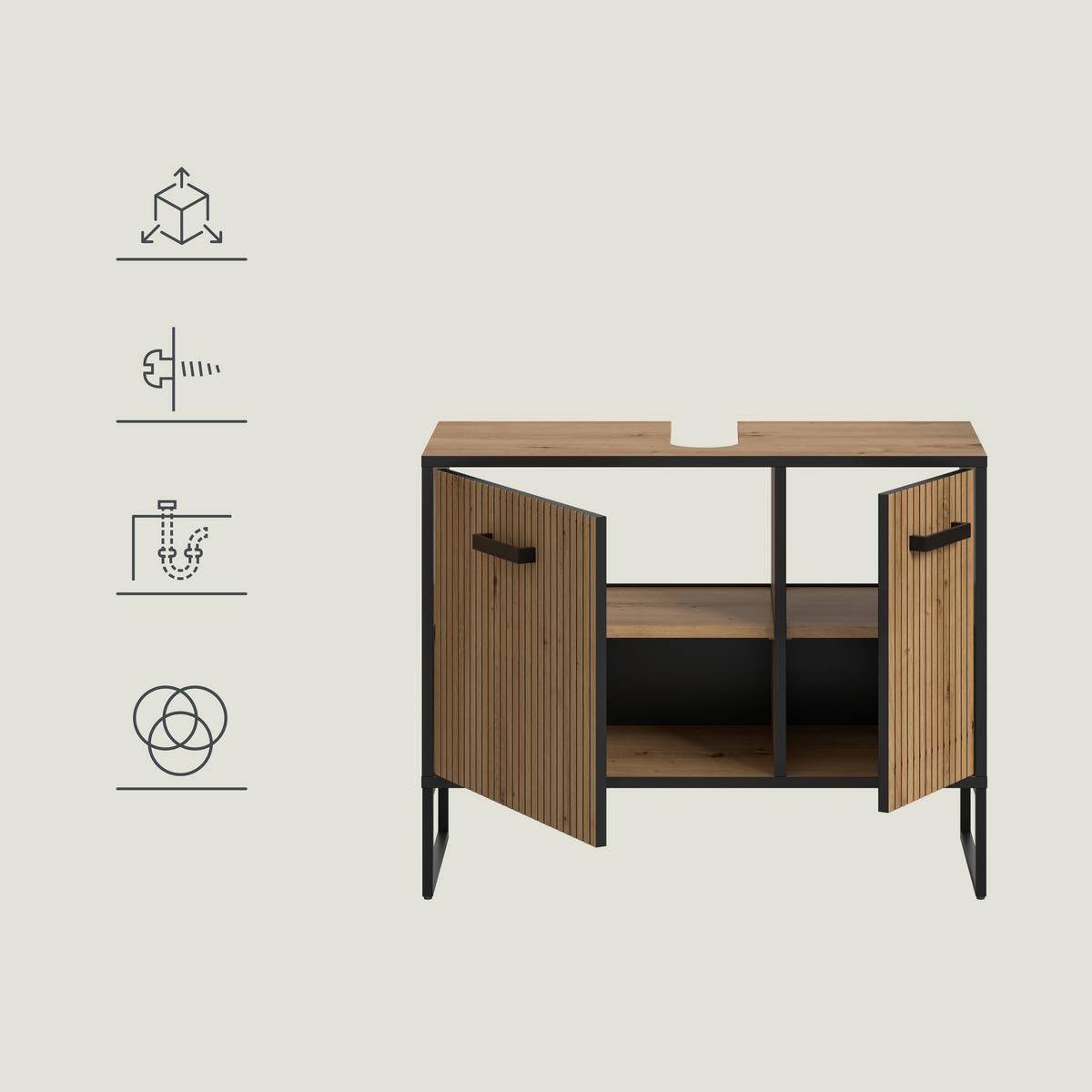 Waschbeckenunterschrank Bagno Eiche Artisan/Schwarz - Schwarz/Eiche Artisan, Trend, Holzwerkstoff/Kunststoff (80/63/36cm) - MID.YOU