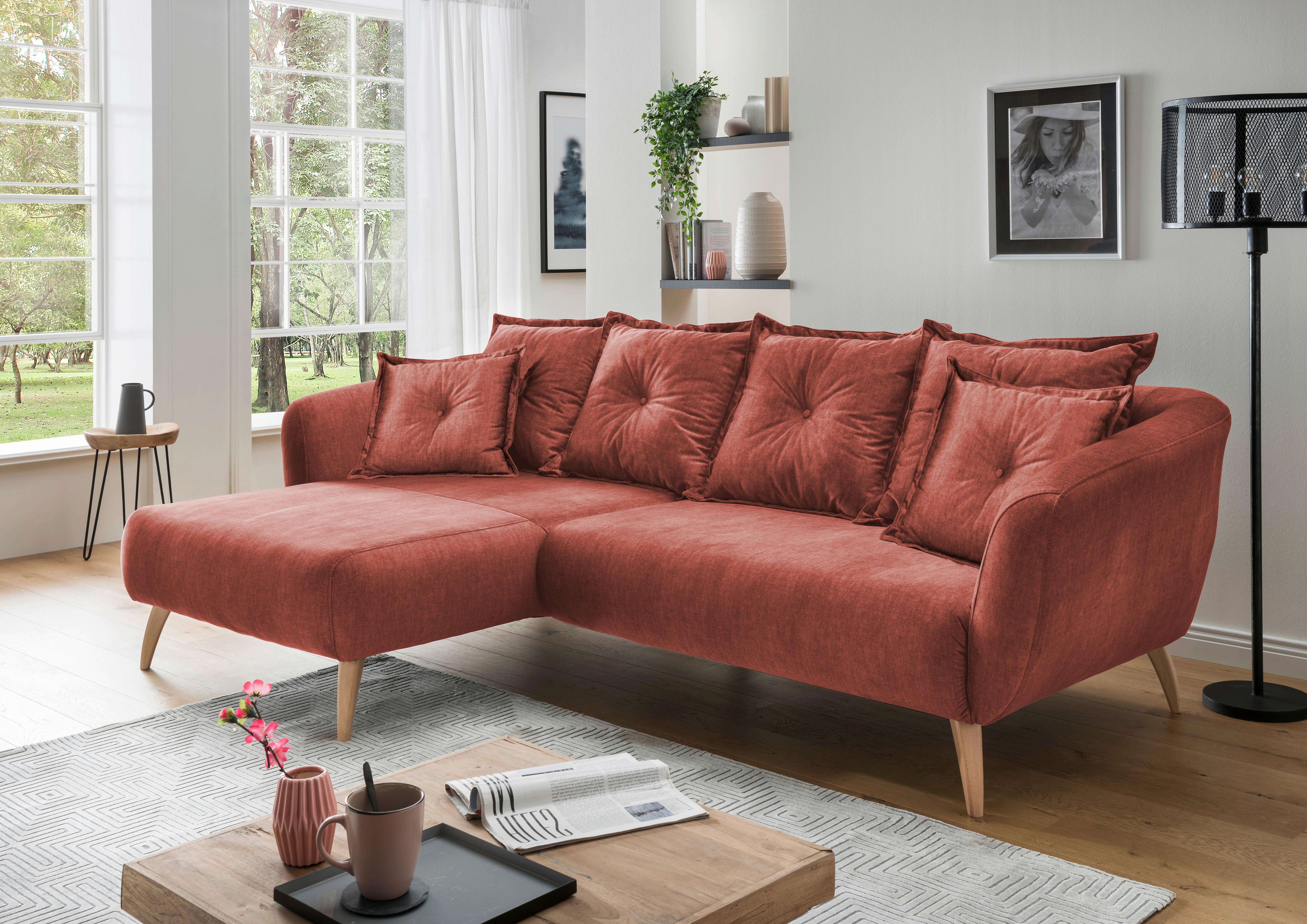 Wohnlandschaft Baggio Koralle Velours - Koralle/Buchefarben, MODERN, Holz/Textil (162/277cm) - Livetastic
