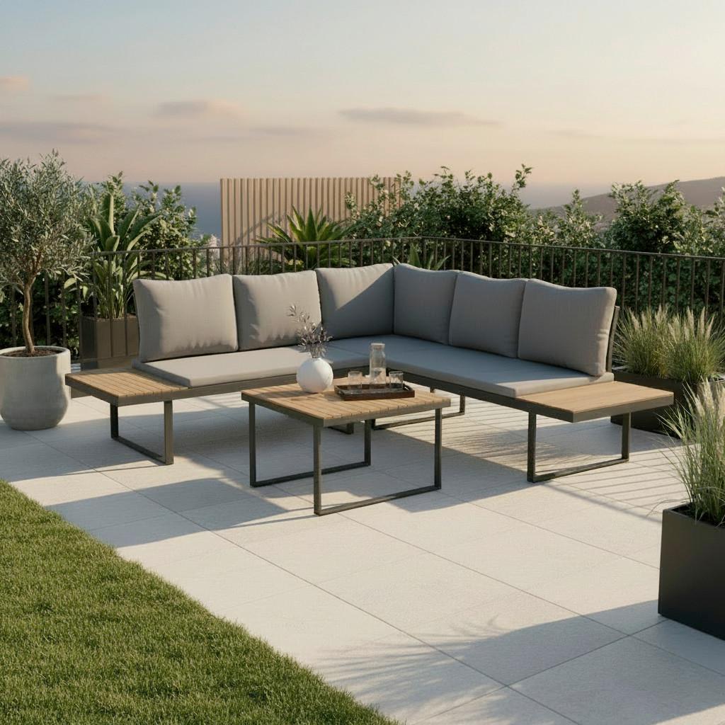 Loungegarnitur Elia Hellgrau Outdoorstoff/Metall/Holz - Hellgrau, MODERN, Holz/Textil (236,5/75/236,5cm) - Bessagi Garden