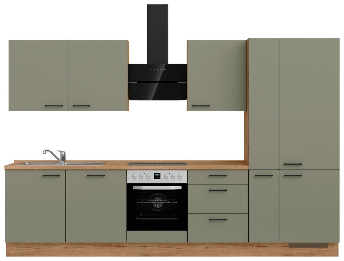 Küchenleerblock Senso High o. Geräte Olivgrün - Eichefarben/Schwarz, ROMANTIK / LANDHAUS, Holzwerkstoff/Metall (330cm) - Nobilia