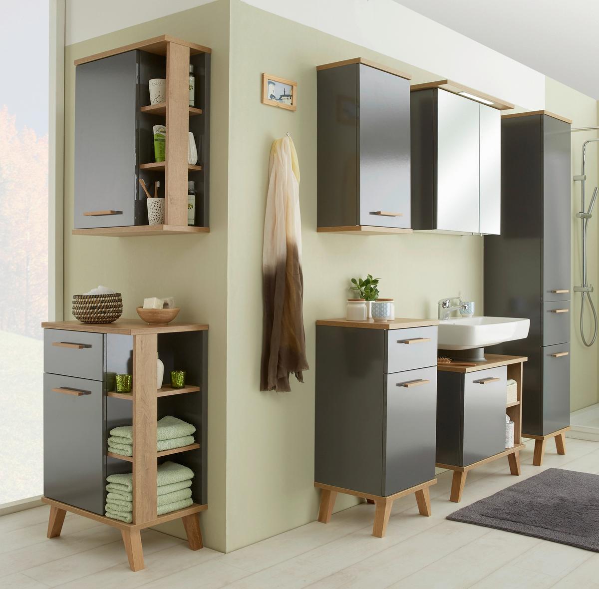 SZAFKA POD UMYWALKĘ QS 924 - kolor dębowy/szary, Konventionell, materiał drewnopochodny (60,5/65,0/33,0cm) - Xora