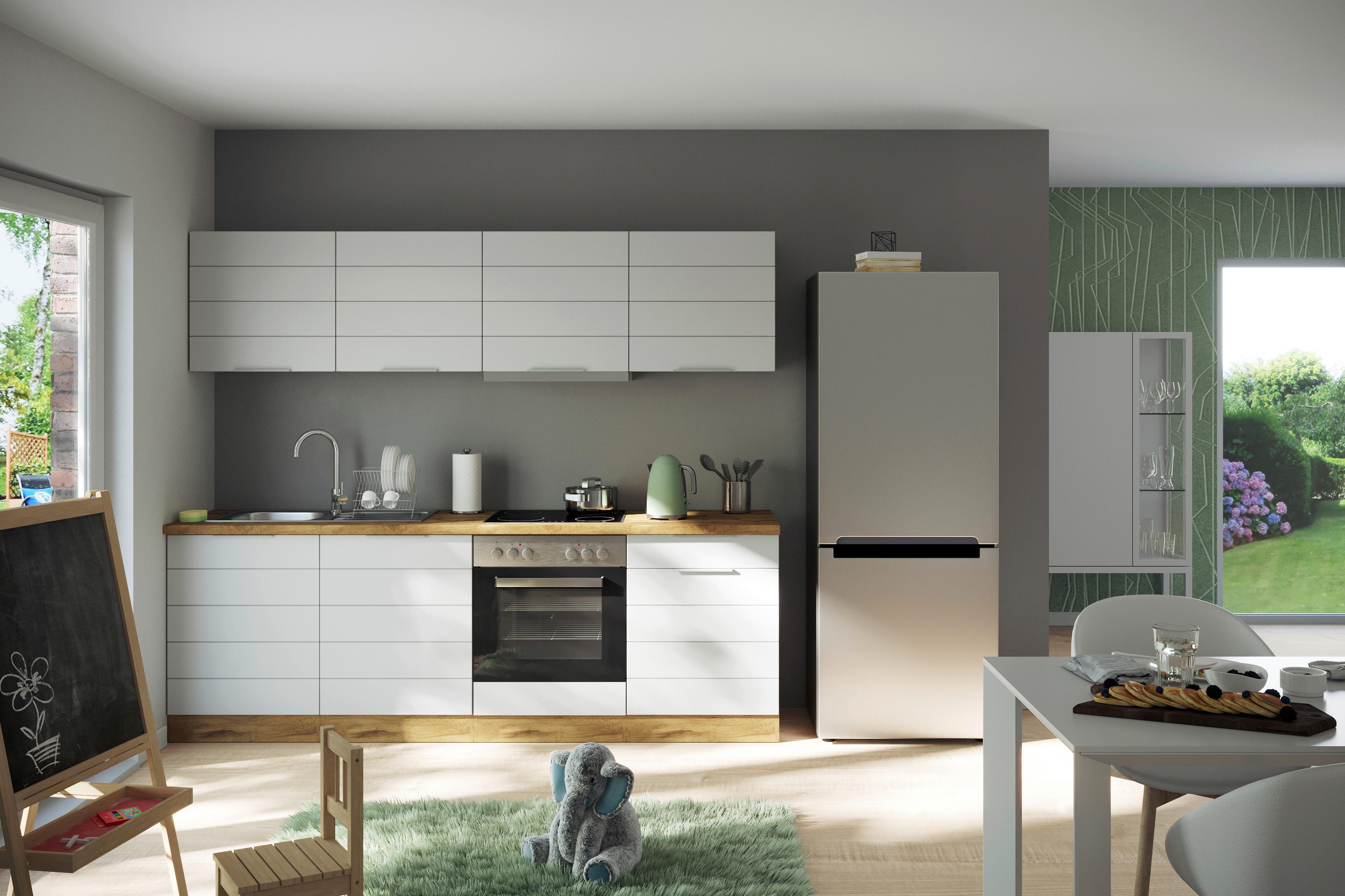 Küchenblock Florenz mit Geräten ca. 240 cm Weiß/Eiche - Eiche Wotan/Weiß, Design, Holzwerkstoff/Metall (240cm) - Held