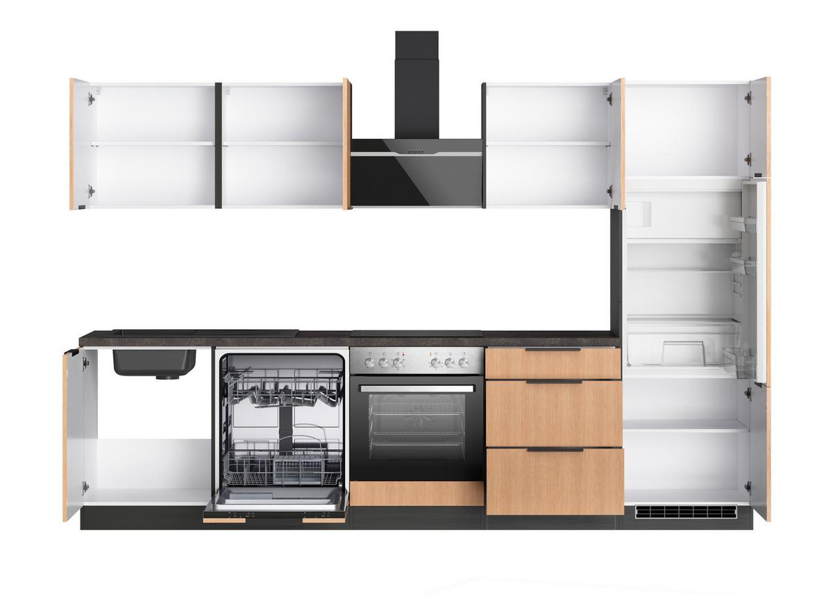 Küchenblock Glasgow m. Geräten Eiche/Graphit - Eichefarben/Graphitfarben, LIFESTYLE, Holzwerkstoff/Metall (300cm) - Held
