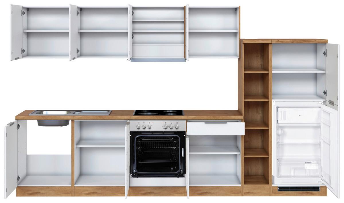 Küchenblock Florenz mit Geräten ca. 330 cm Weiß/Eiche - Eiche Wotan/Weiß, Design, Holzwerkstoff/Metall (330cm) - Held