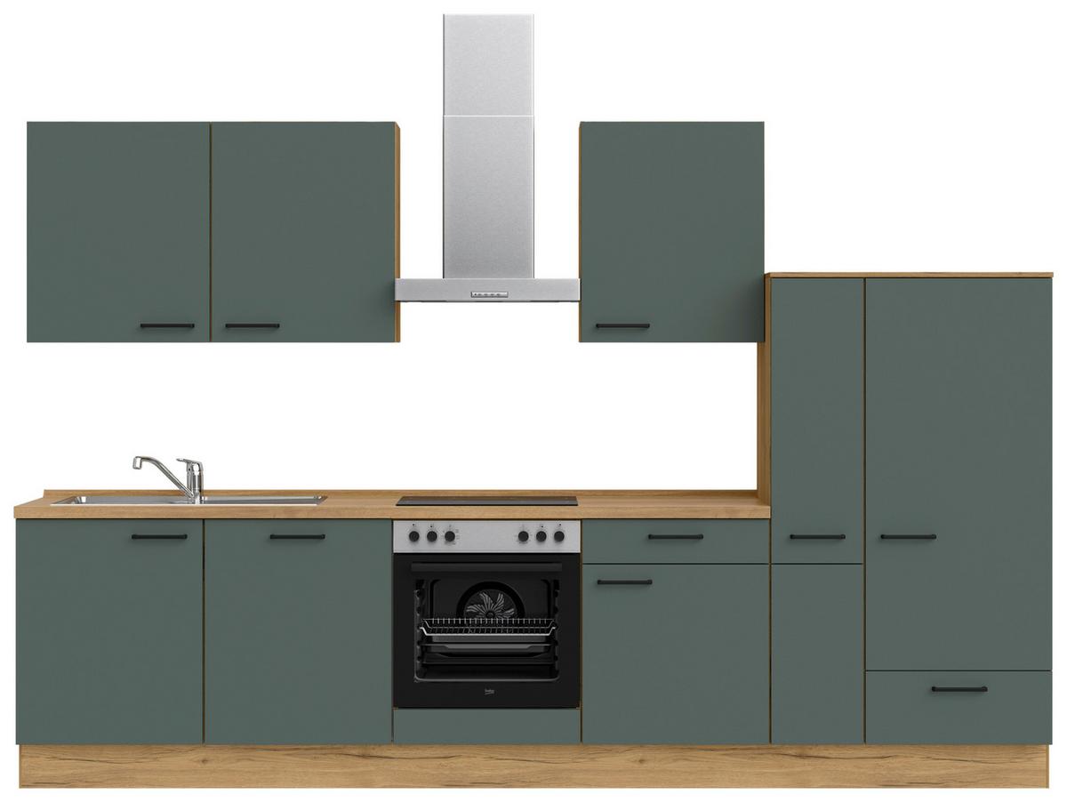 Küchenblock Easytouch m. Geräten Dunkelgrün - Dunkelgrün/Eichefarben, MODERN, Holzwerkstoff/Metall (330cm) - Nobilia