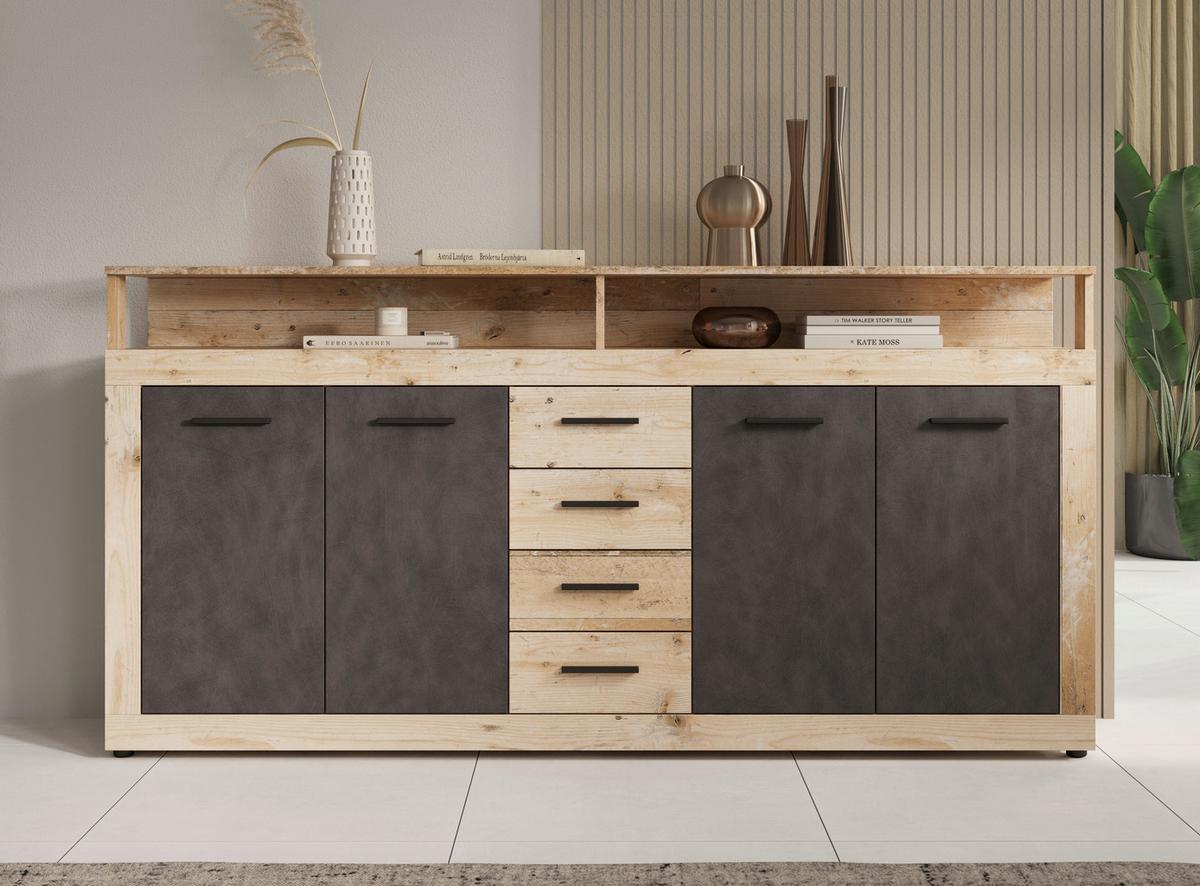 Široka Komoda Lupo, Antracit, Barva Hrasta - barve hrasta/antracit, Design, umetna masa/leseni material (190/96/32cm) - MID.YOU