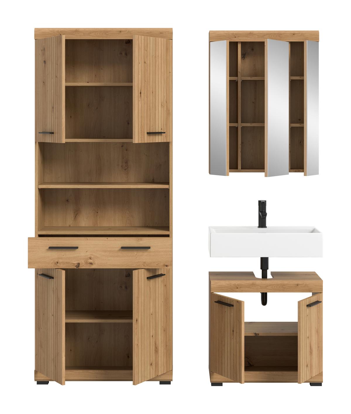 Badezimmer Scout Eiche Artisan 3-teilig - Schwarz/Eiche Artisan, Trend, Glas/Holzwerkstoff (134cm) - MID.YOU