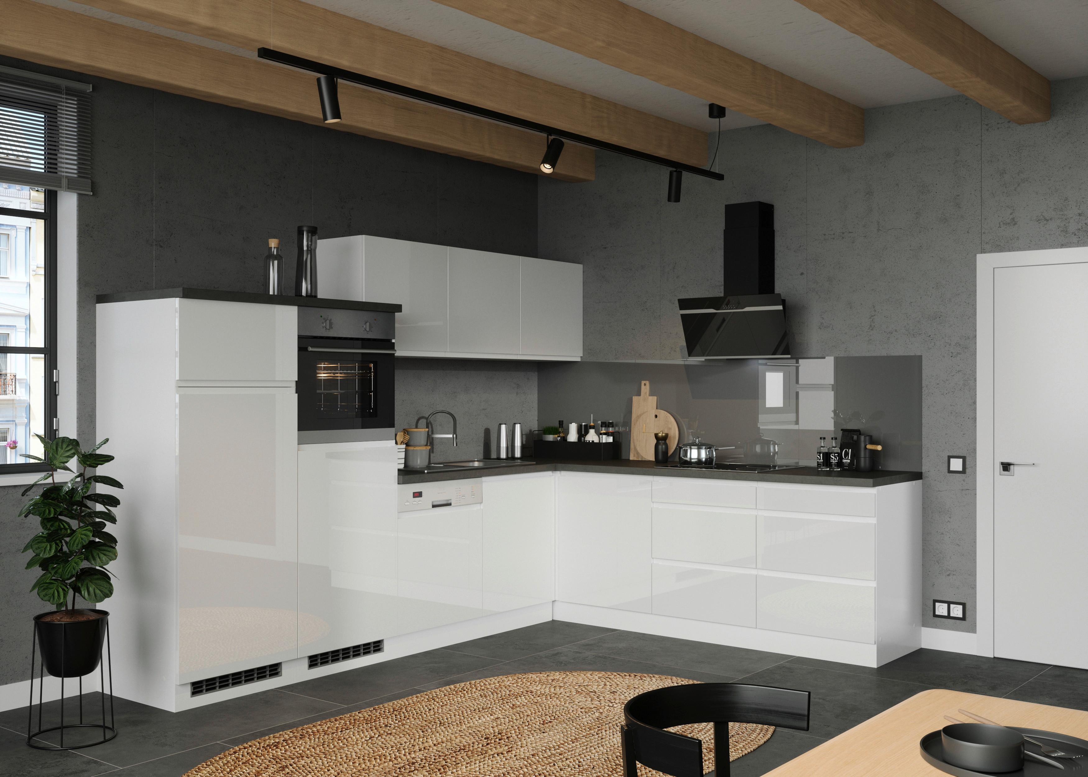 Eckküche Monza mit Geräten ca. 300x240 cm Weiß/Grau - Weiß Hochglanz/Weiß, LIFESTYLE, Holzwerkstoff (300/240cm) - Held