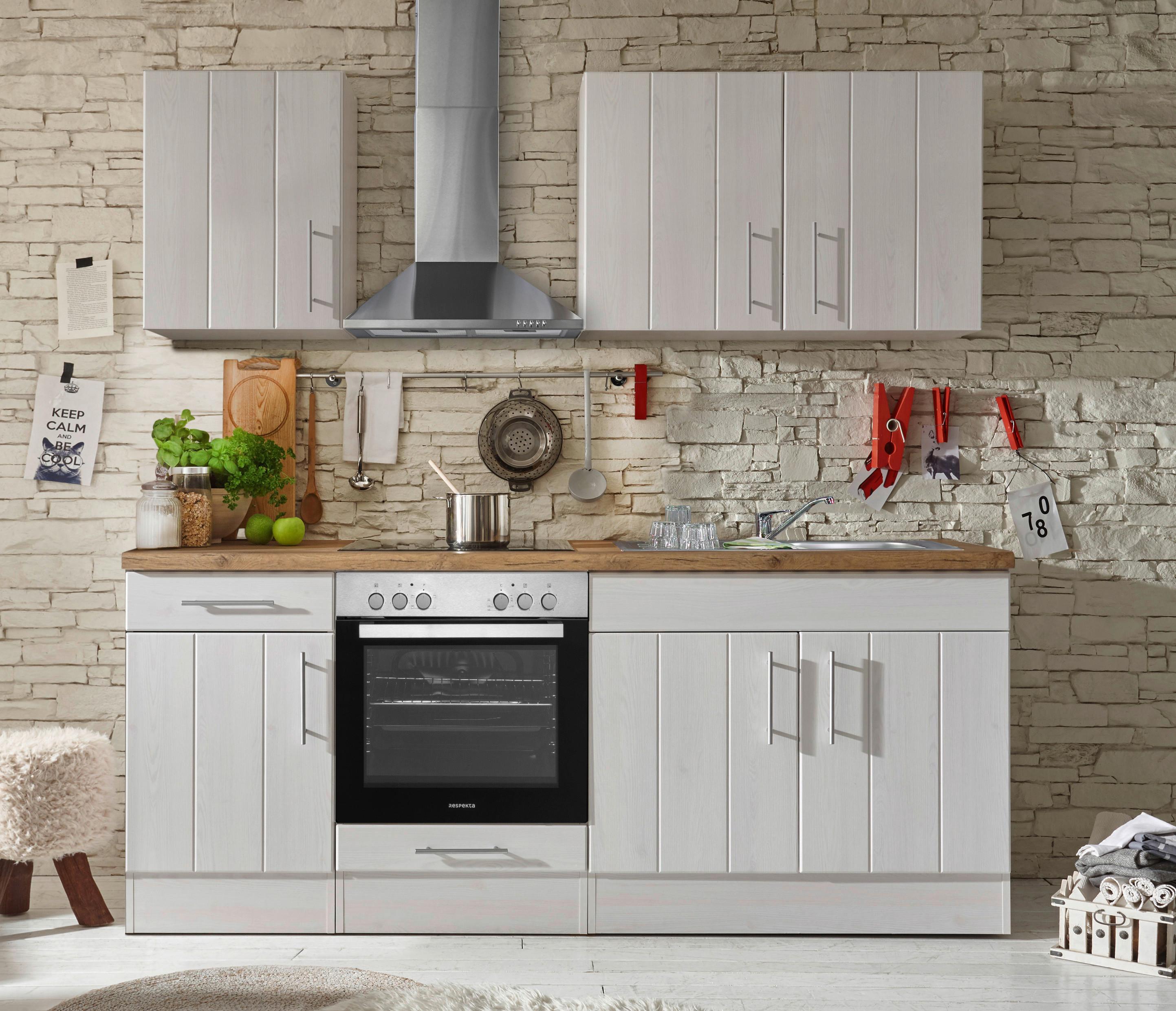 Küchenblock Anton Landhaus ohne Geräte ca. 210 cm Weiß - Wildeiche/Edelstahlfarben, Basics, Holzwerkstoff/Metall - Respekta