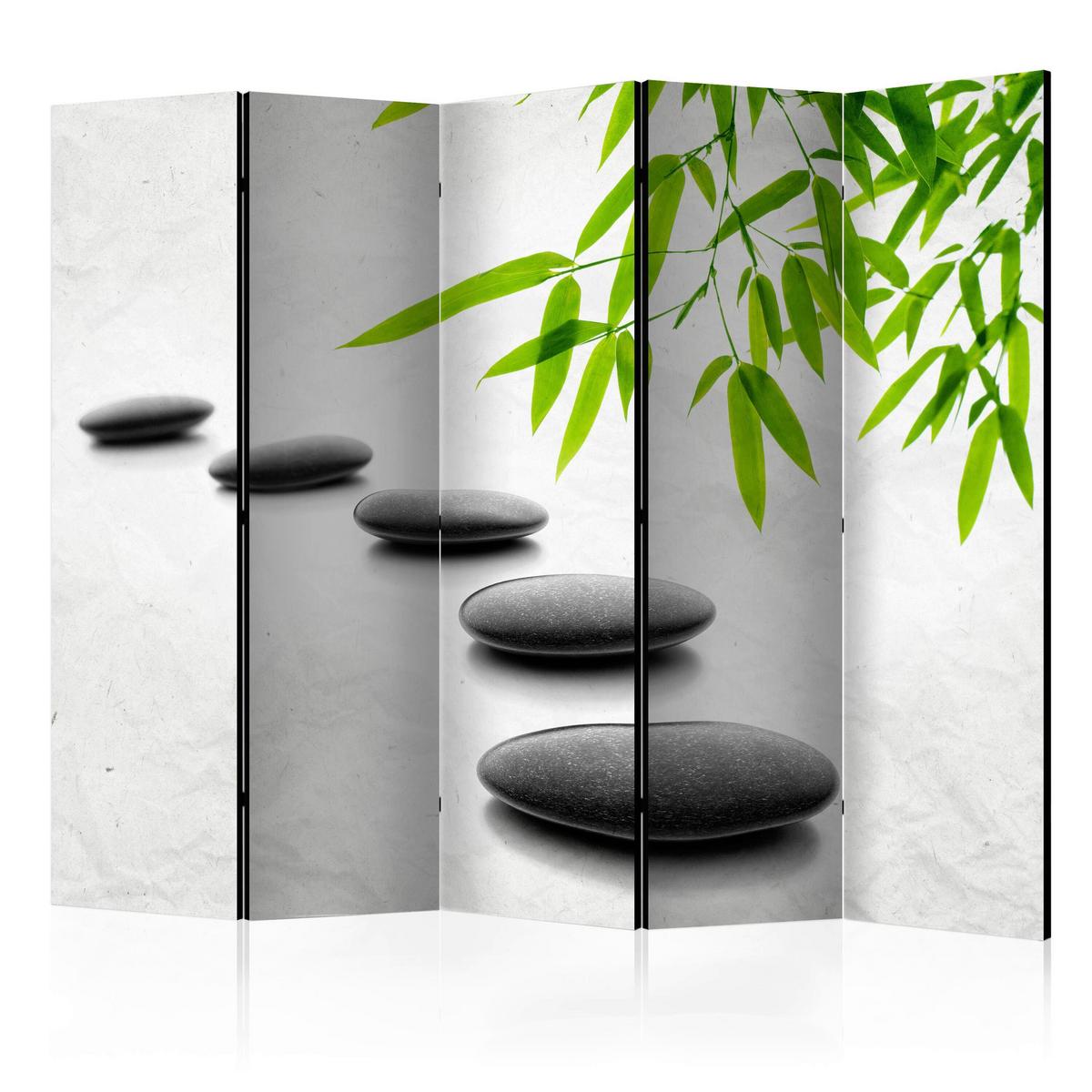 Paravan Zen Stones I, 5-Delni, Dvostranski - zelena/sivobela, Moderno, tekstil/les (225/172/3cm) - artgeist