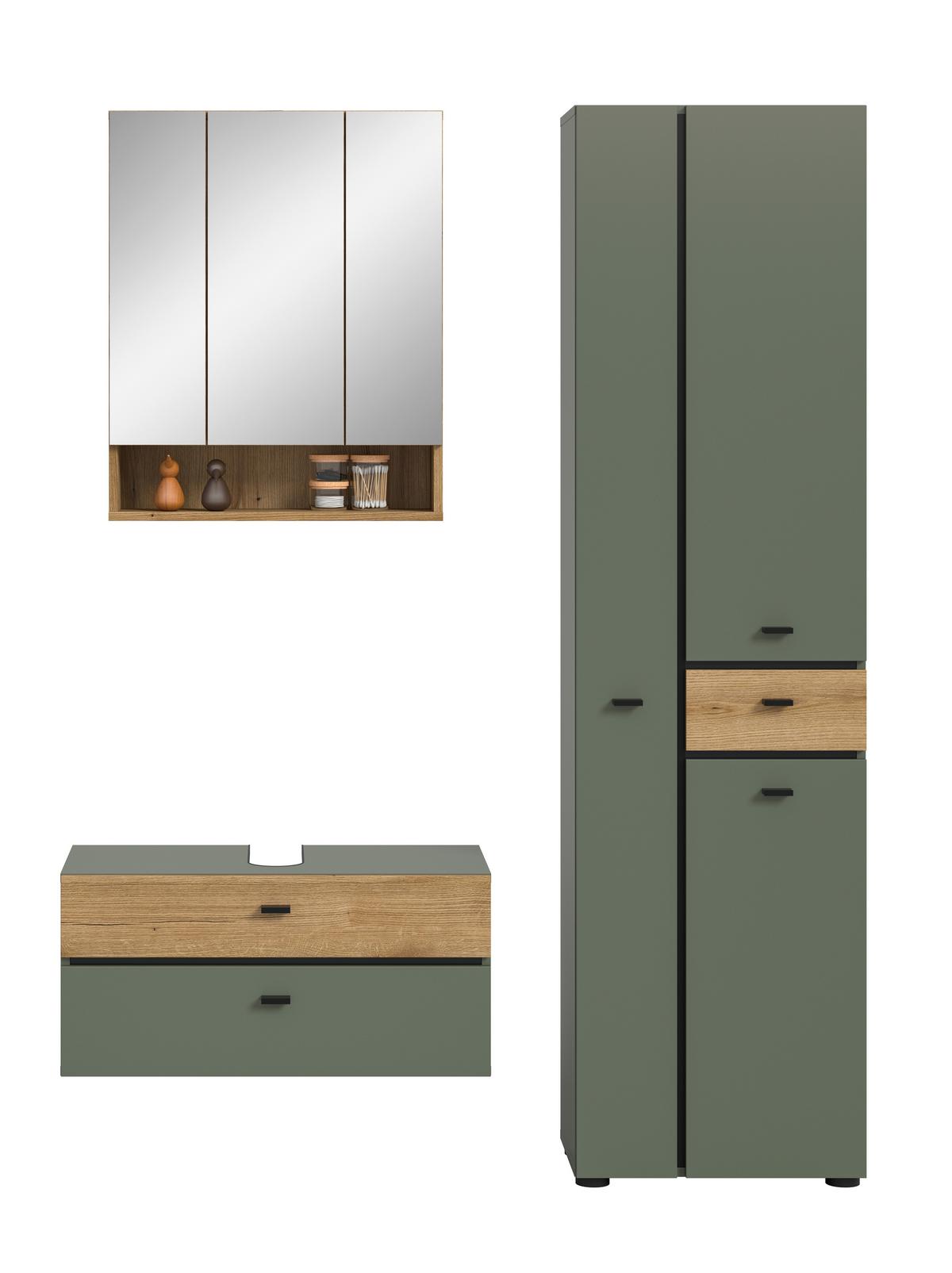 Badezimmer AQUA Grün, Eichefarben 3-teilig - Eichefarben/Schwarz, Trend, Glas/Holzwerkstoff (126cm) - MID.YOU