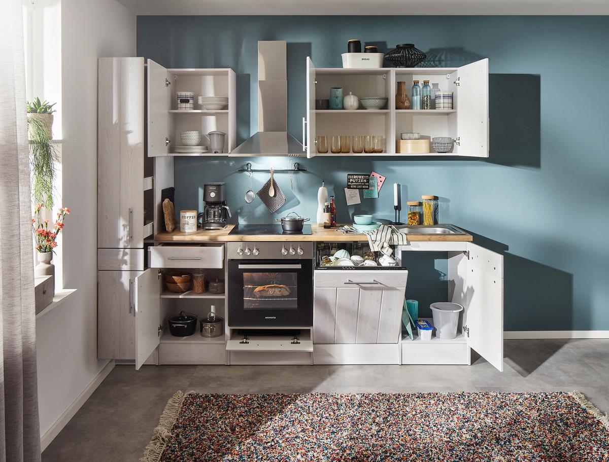 Küchenblock Anton Landhaus ohne Geräte ca. 250 cm Weiß - Edelstahlfarben/Lärchefarben, Basics, Holzwerkstoff/Metall - Respekta