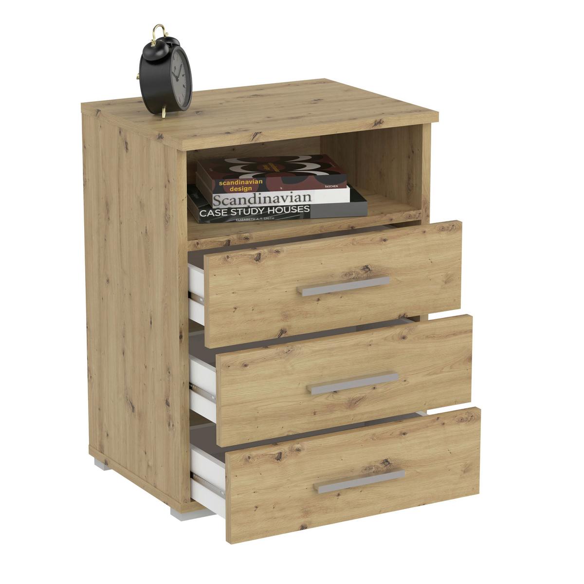 SZAFKA NOCNA BASE 3 - kolor dębowy/kolor aluminiowy, Konventionell, materiał drewnopochodny/tworzywo sztuczne (45/62/35cm) - Carryhome