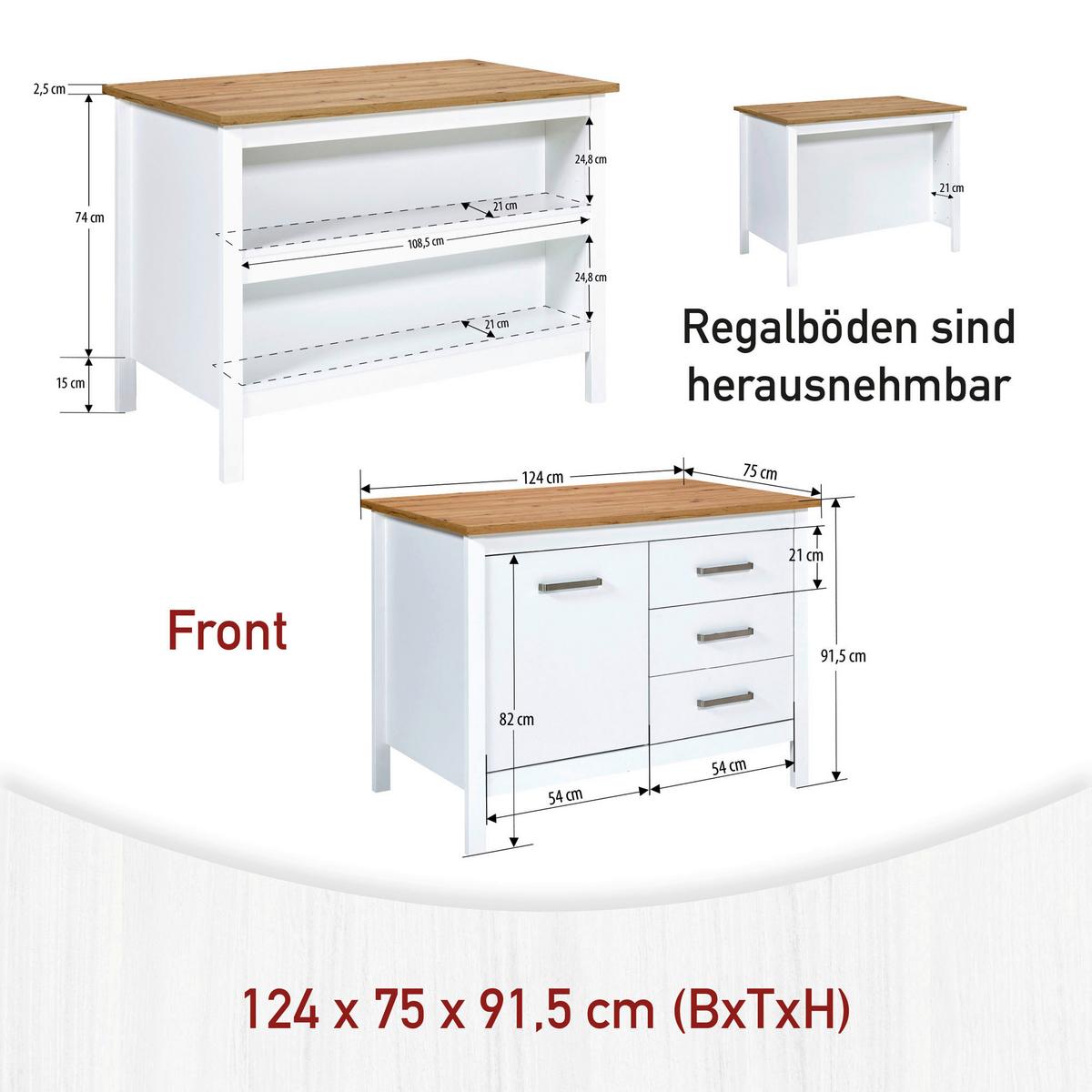 Kücheninsel Sicilia Weiß - Silberfarben/Weiß, ROMANTIK / LANDHAUS, Holzwerkstoff/Metall (124/91/75cm) - Mömax