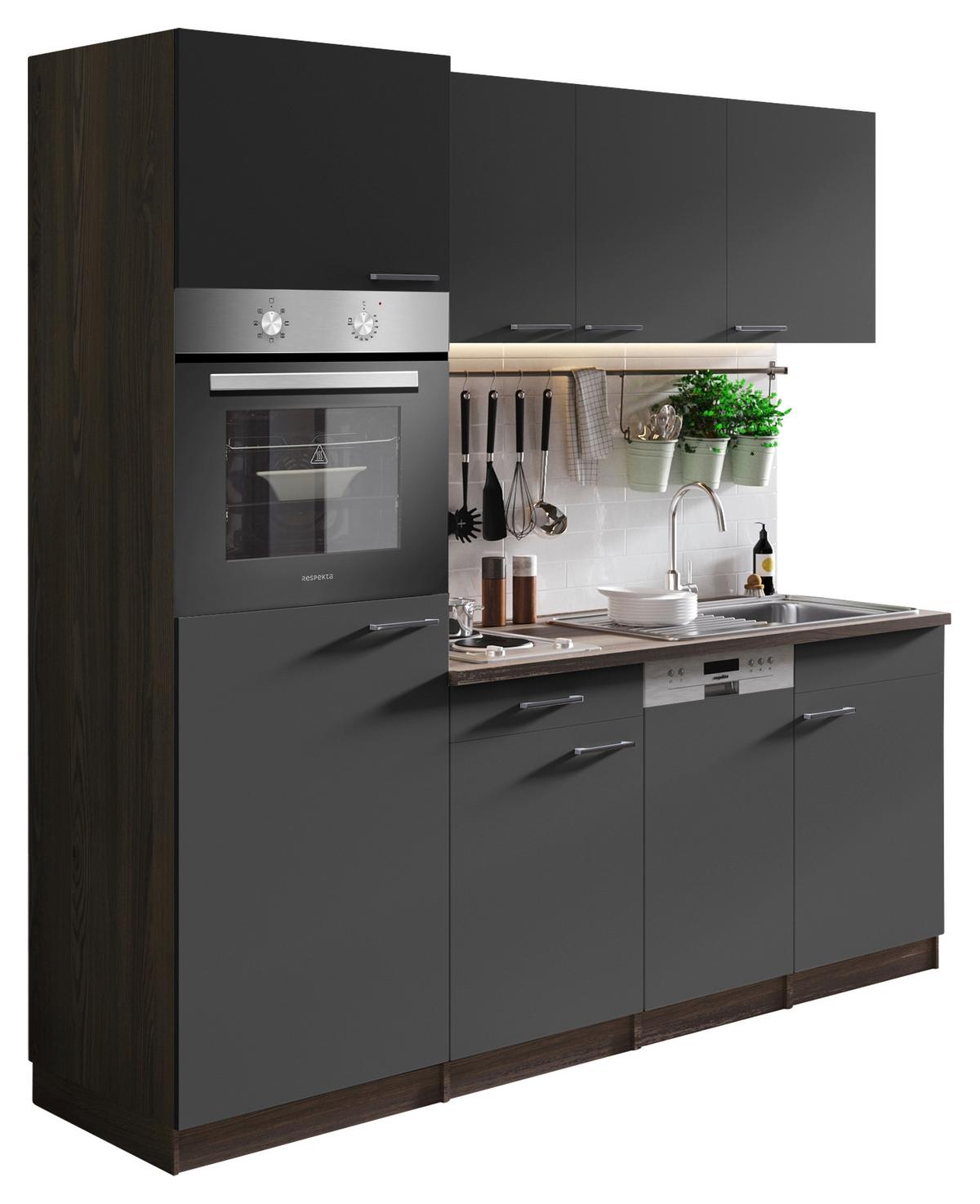 Küchenblock Oliver mit Geräten ca. 205 cm Grau - Eichefarben/Alufarben, Basics, Holzwerkstoff/Kunststoff (205cm) - Respekta