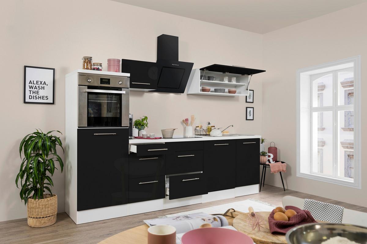 Küchenzeile mit Geräte Schwarz Hochglanz/Weiß B: ca. 280 cm - Edelstahlfarben/Schwarz, KONVENTIONELL, Holzwerkstoff/Metall (280cm) - Respekta
