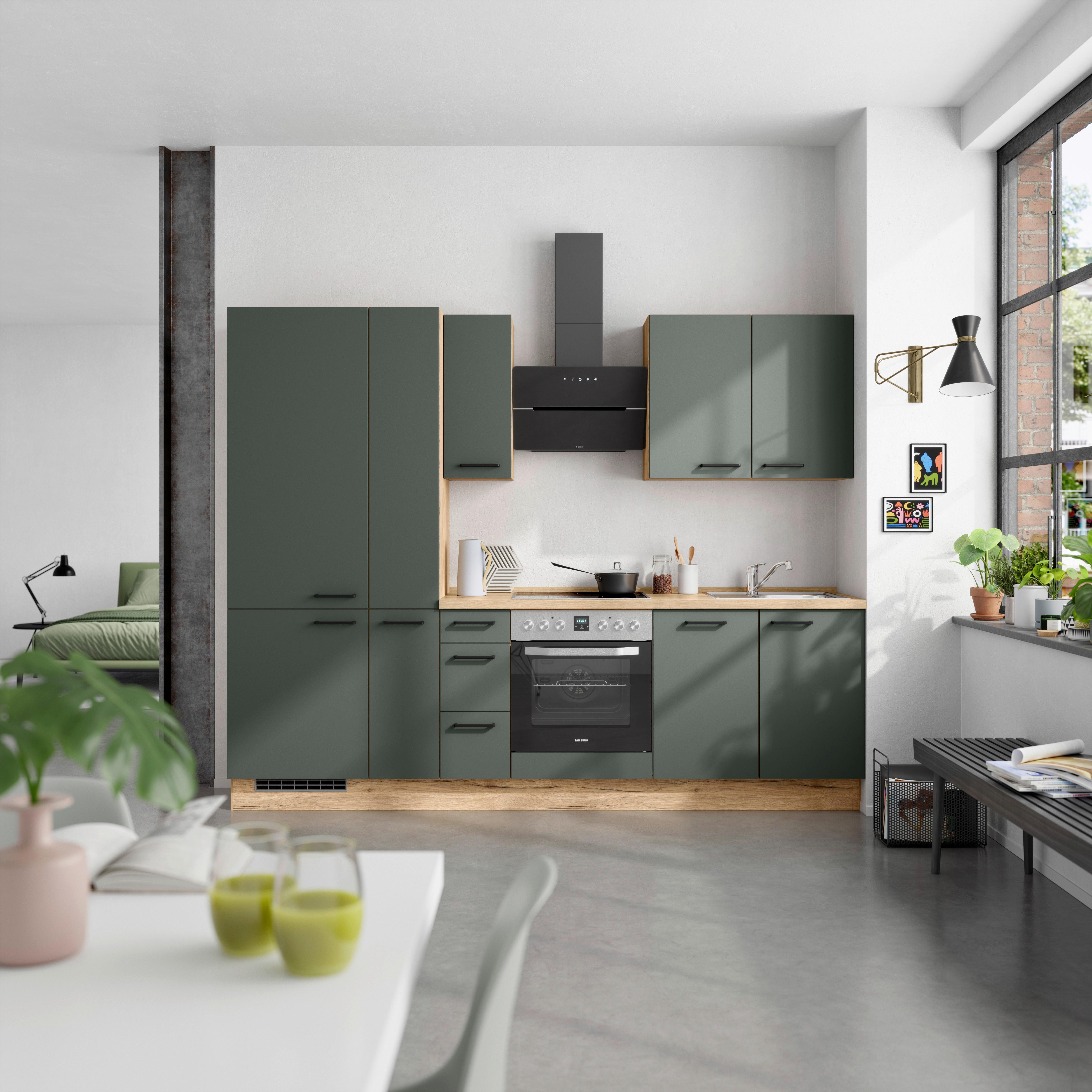 Küchenblock Easytouch High m. Geräten Dunkelgrün - Dunkelgrün/Eichefarben, MODERN, Holzwerkstoff/Metall (270cm) - Nobilia