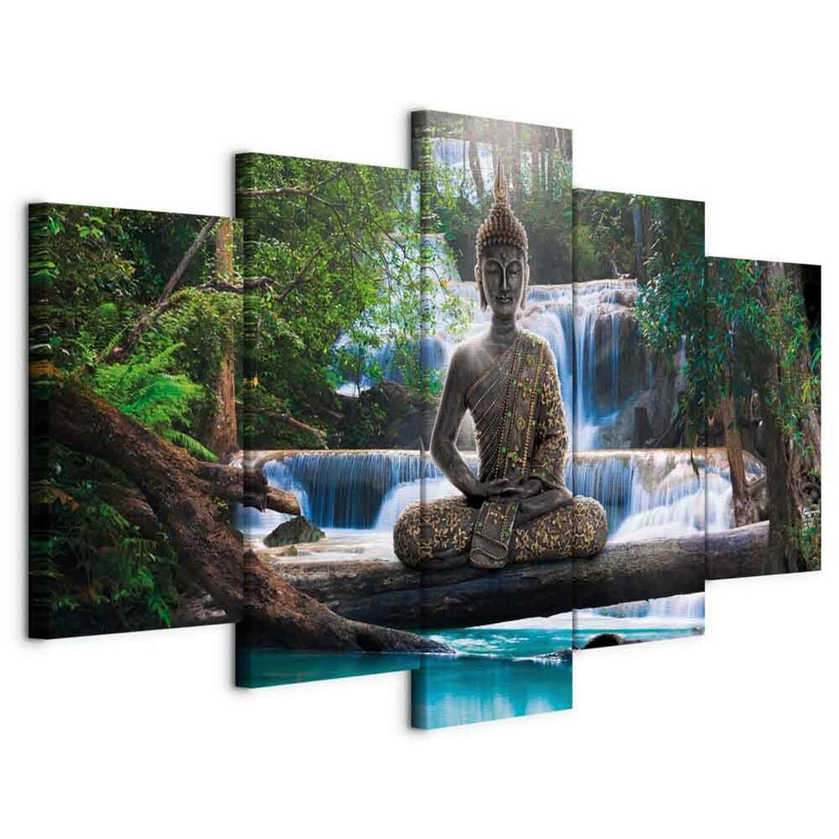 Slika Na Platnu Buddha And Waterfall - večbarvno, Basics, tekstil/leseni material (200/100/1,2cm) - artgeist