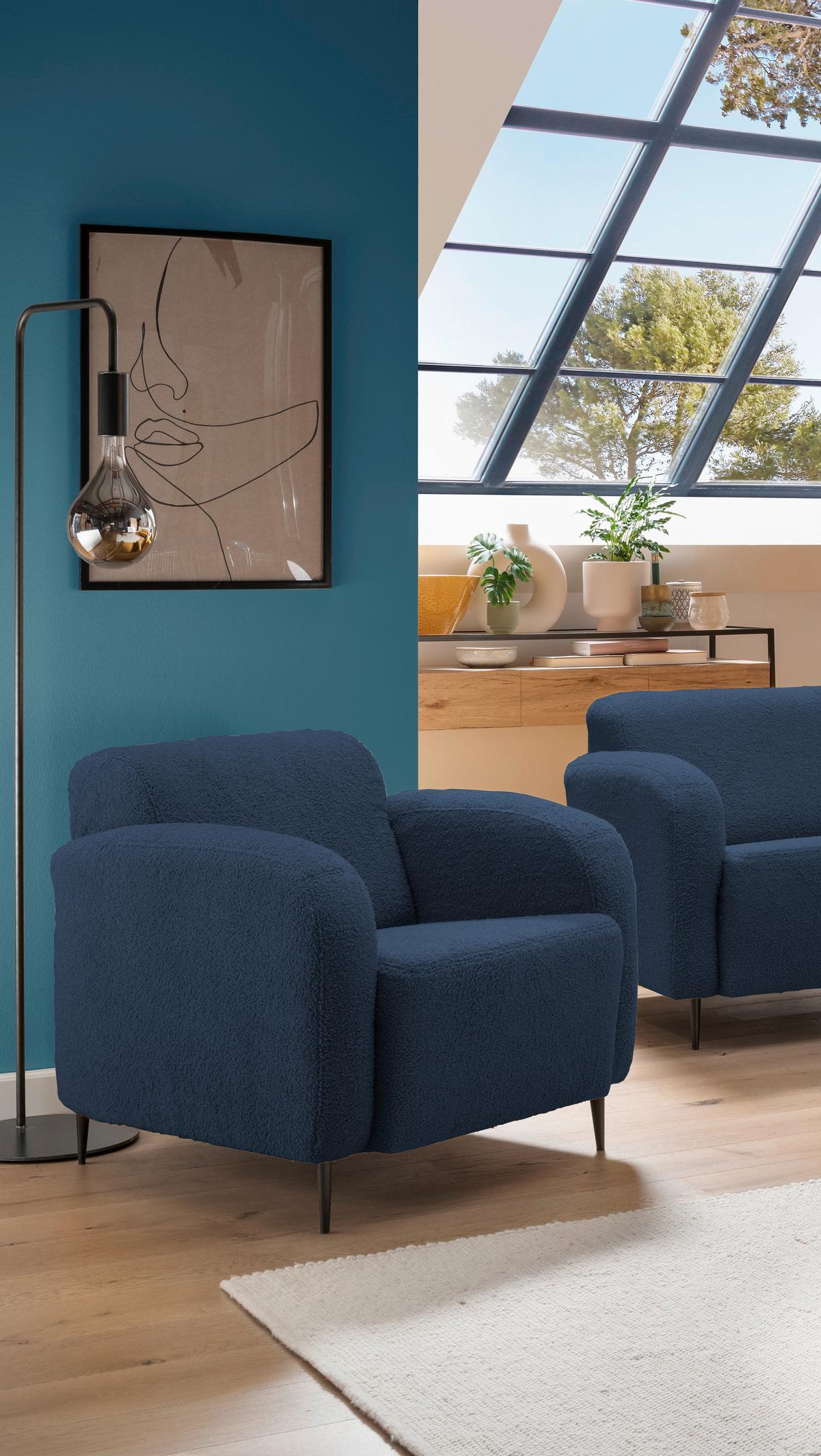 Sessel Marone Blau Teddystoff - Blau/Schwarz, MODERN, Textil/Metall (85/76/90cm) - Livetastic