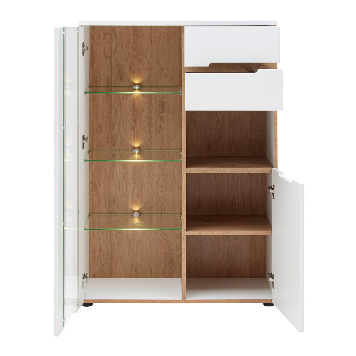 Vitrine Dallas Weiss/Eiche Artisan - Weiss/Schwarz, Modern, Holzwerkstoff (85/127/38cm) - Premium Living