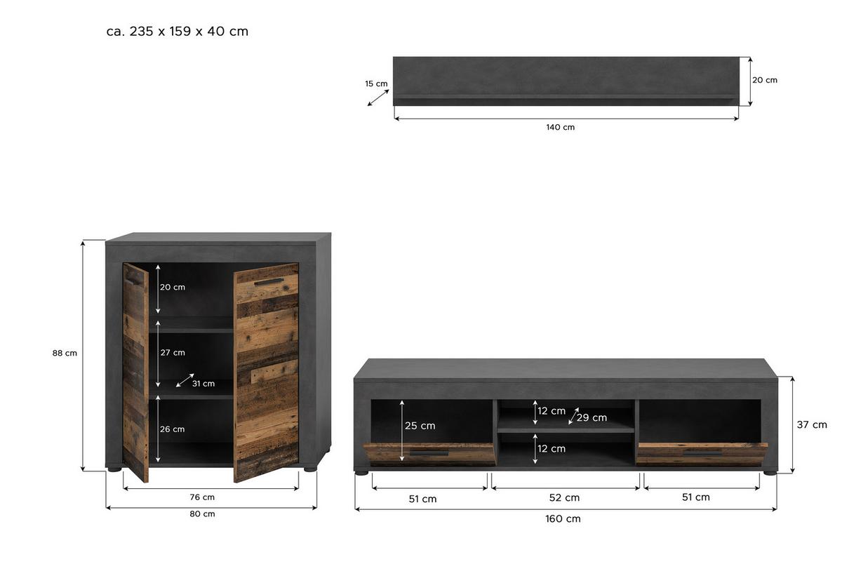 ANSAMBLU MOBILIER CAMERA DE Z JAM - culoare natur/gri, Design, material pe bază de lemn (255/159/35cm) - Modern Living