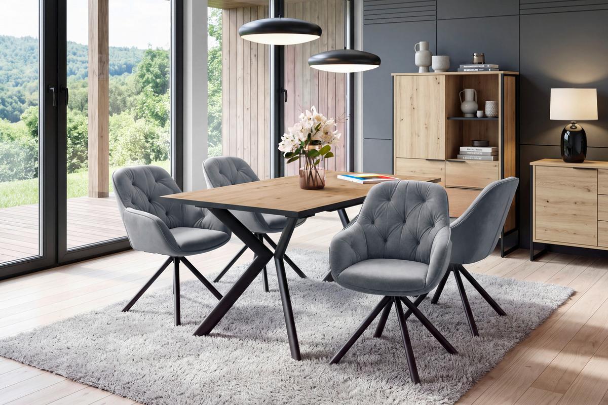 Raztegljiva Jedilna Miza Marcel, 120-160x80 - črna/barve hrasta, Moderno, kovina/leseni material (120-160/76/80cm)