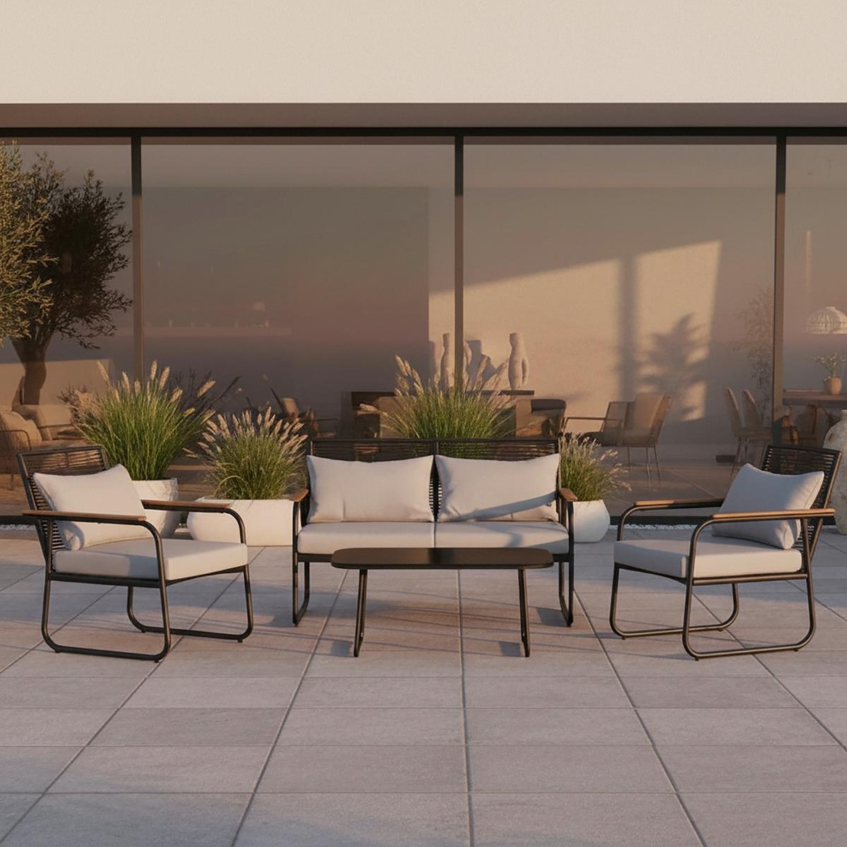 Lounge Garnitura Elly, Siva, Naravna, Črna, 4-Delno - siva/črna, Moderno, kovina/umetna masa (116/77/71cm) - Bessagi Garden