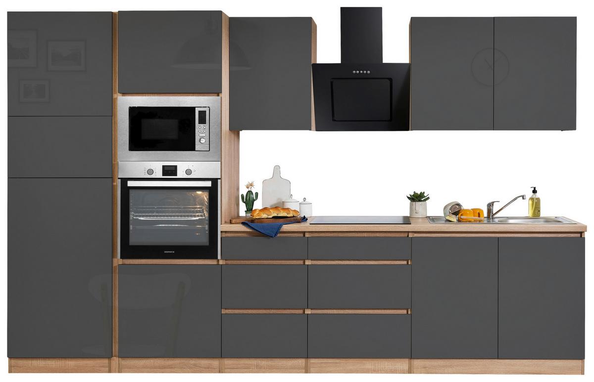 Küchenblock Lorena mit Geräten ca. 335 cm Grau Hochglanz - Grau Hochglanz/Eichefarben, Basics, Holzwerkstoff (335cm) - Respekta