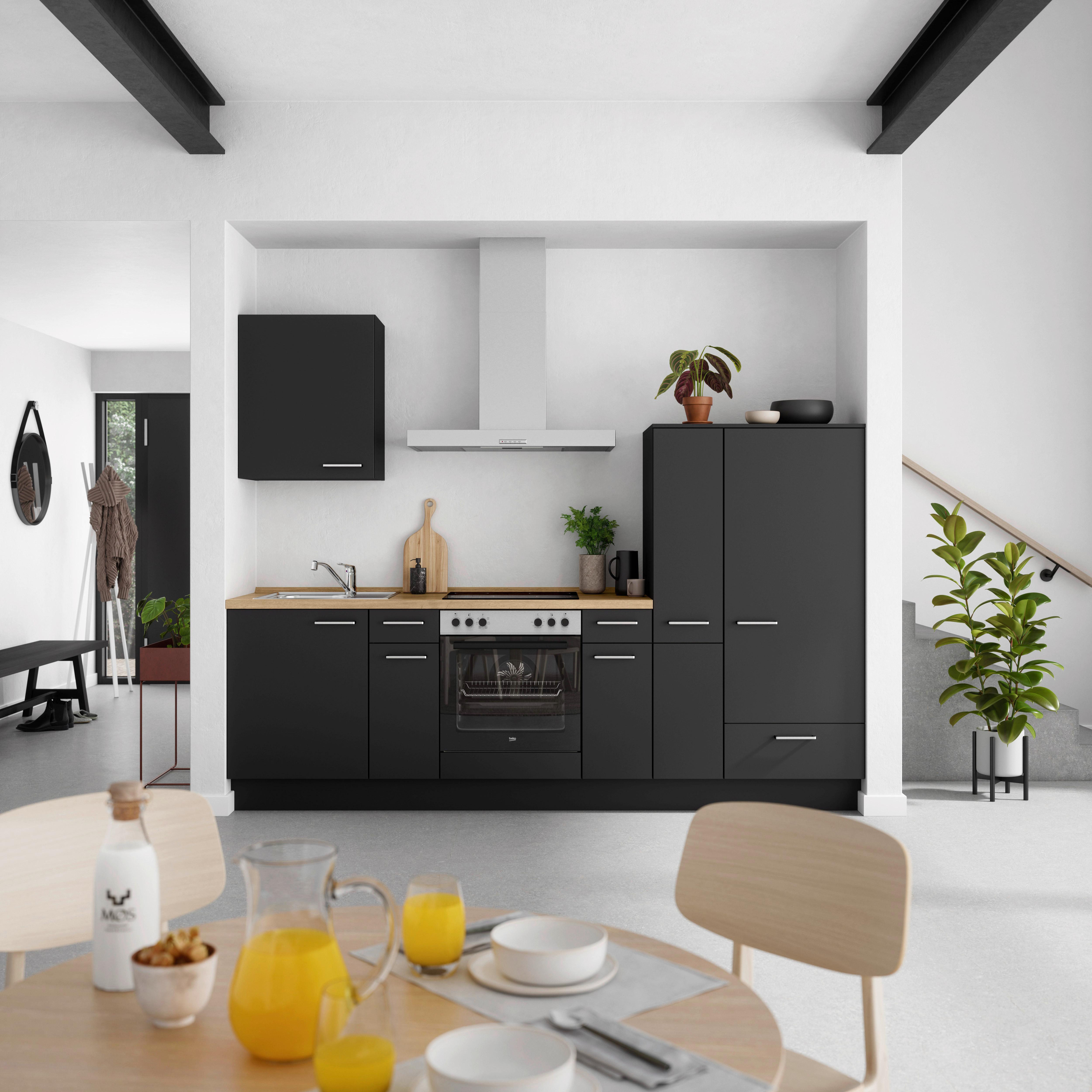 Küchenblock Touch Low m. Geräten Schwarz - Edelstahlfarben/Eichefarben, MODERN, Holzwerkstoff/Metall (270cm) - Nobilia