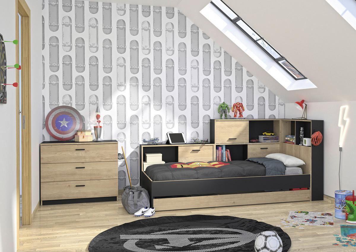 Postelja S Predalom Erwan, Črna, Barva Kostanja, 90x200cm - črna/barve kostanja, Moderno, leseni material (90/200cm) - MID.YOU