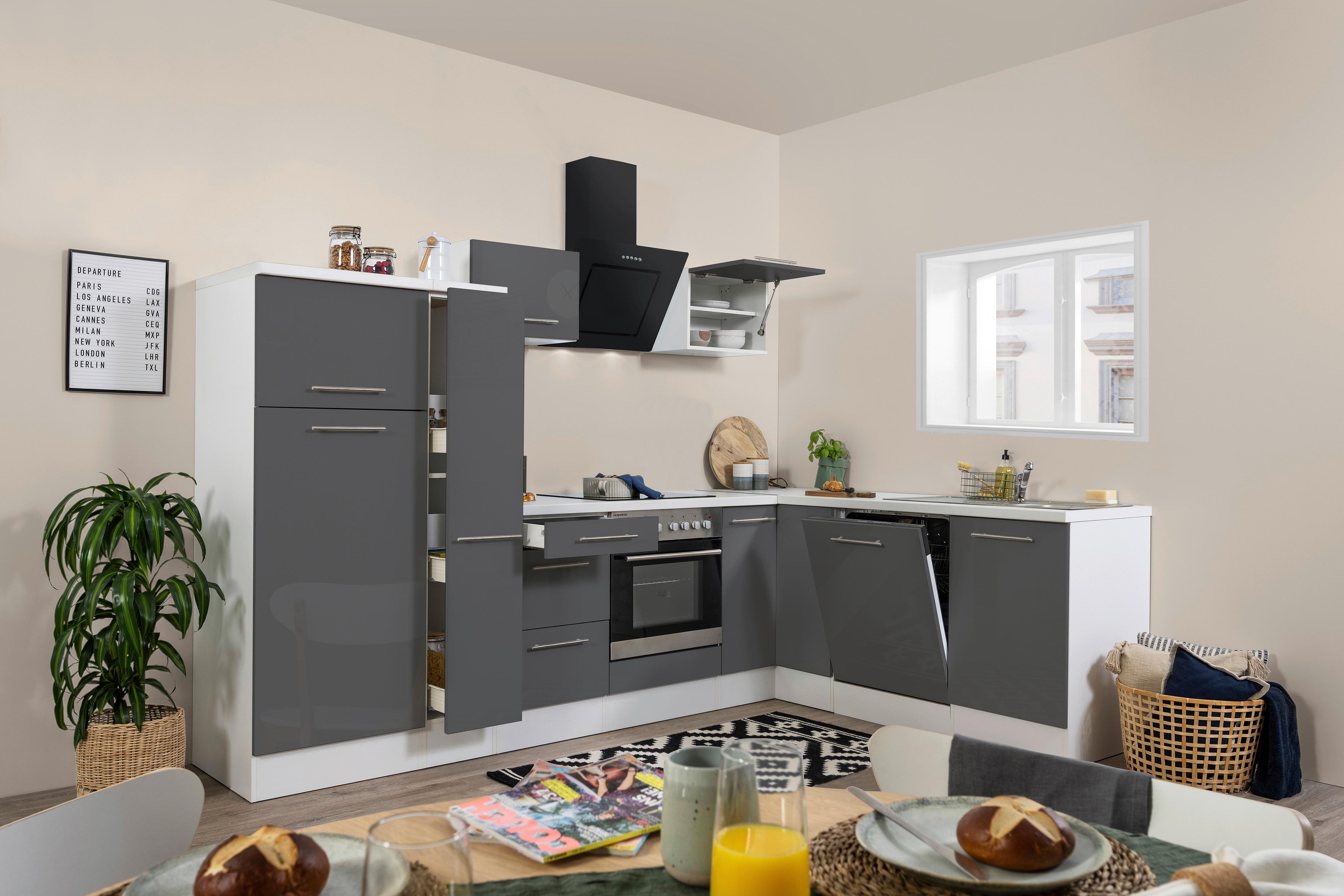 Eckküche RP290WGC mit Geräten 290x200 cm Grau/Weiß - Edelstahlfarben/Weiß, KONVENTIONELL, Holzwerkstoff/Metall (290/200cm) - Respekta