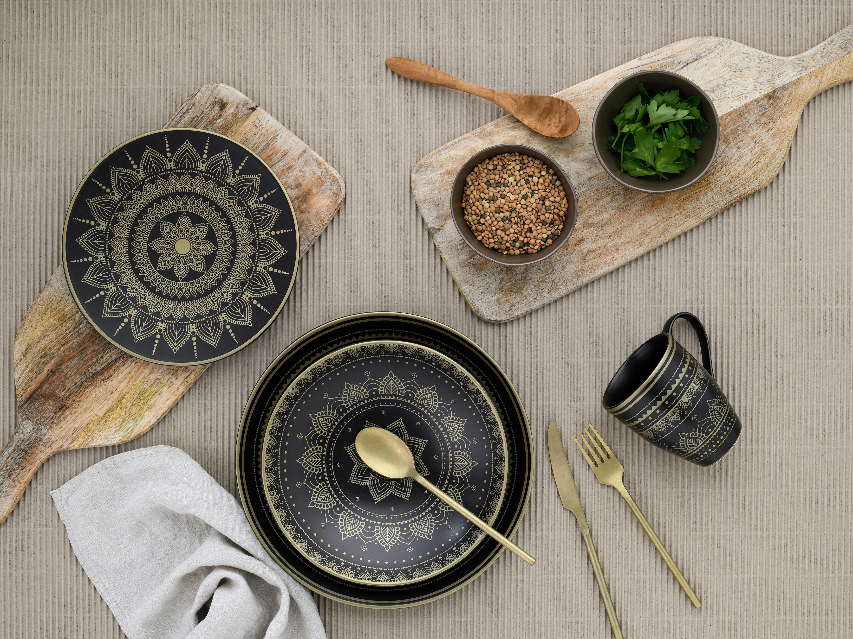 Kombiservice Mandala Schwarz/Goldfarben, 16-teilig - Goldfarben/Schwarz, Keramik - Creatable