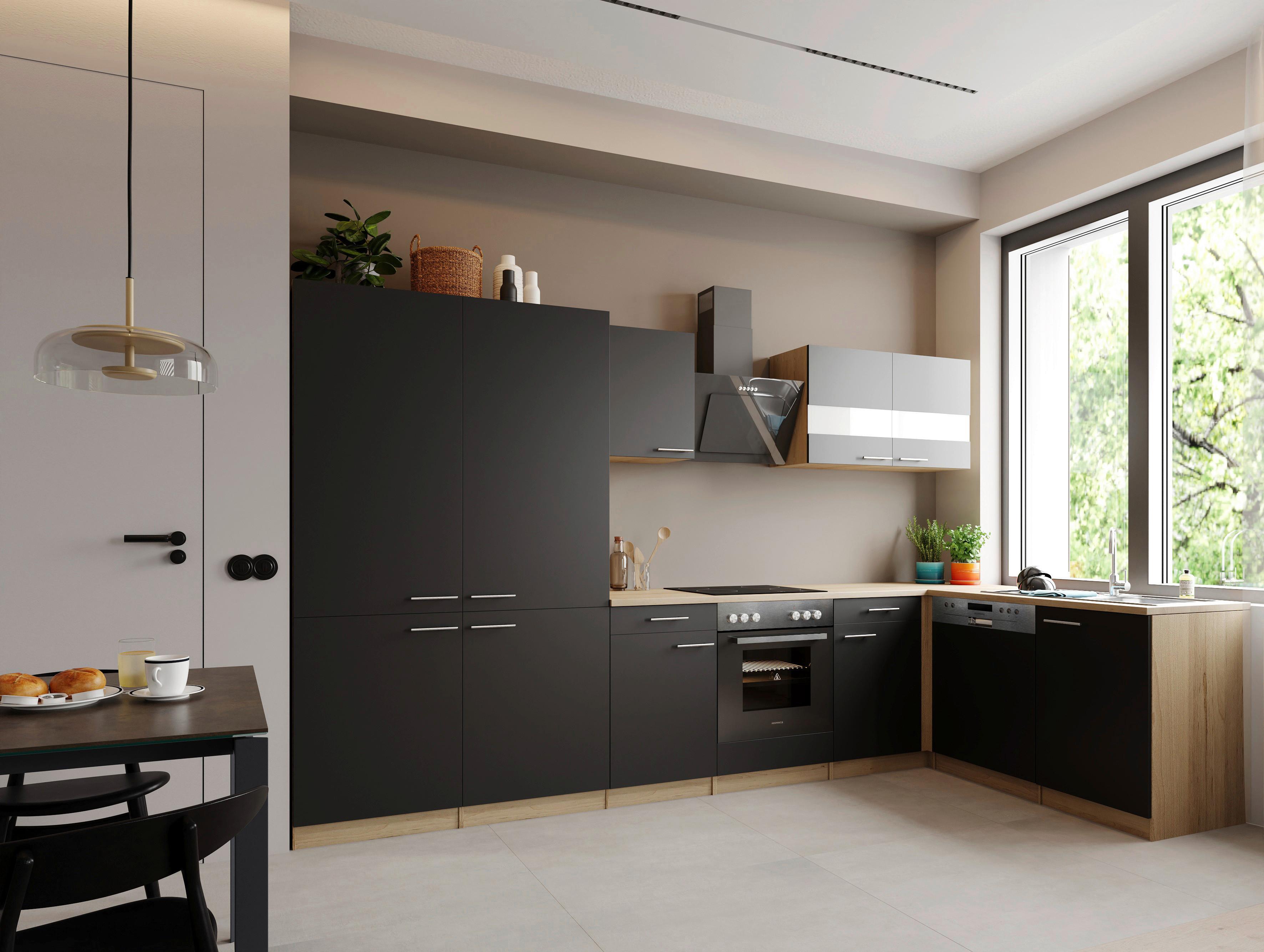 Eckküche Merle m. Geräten ca. 340x172cm Schwarz - Edelstahlfarben/Eichefarben, Trend, Holzwerkstoff/Metall (340/172cm) - Respekta