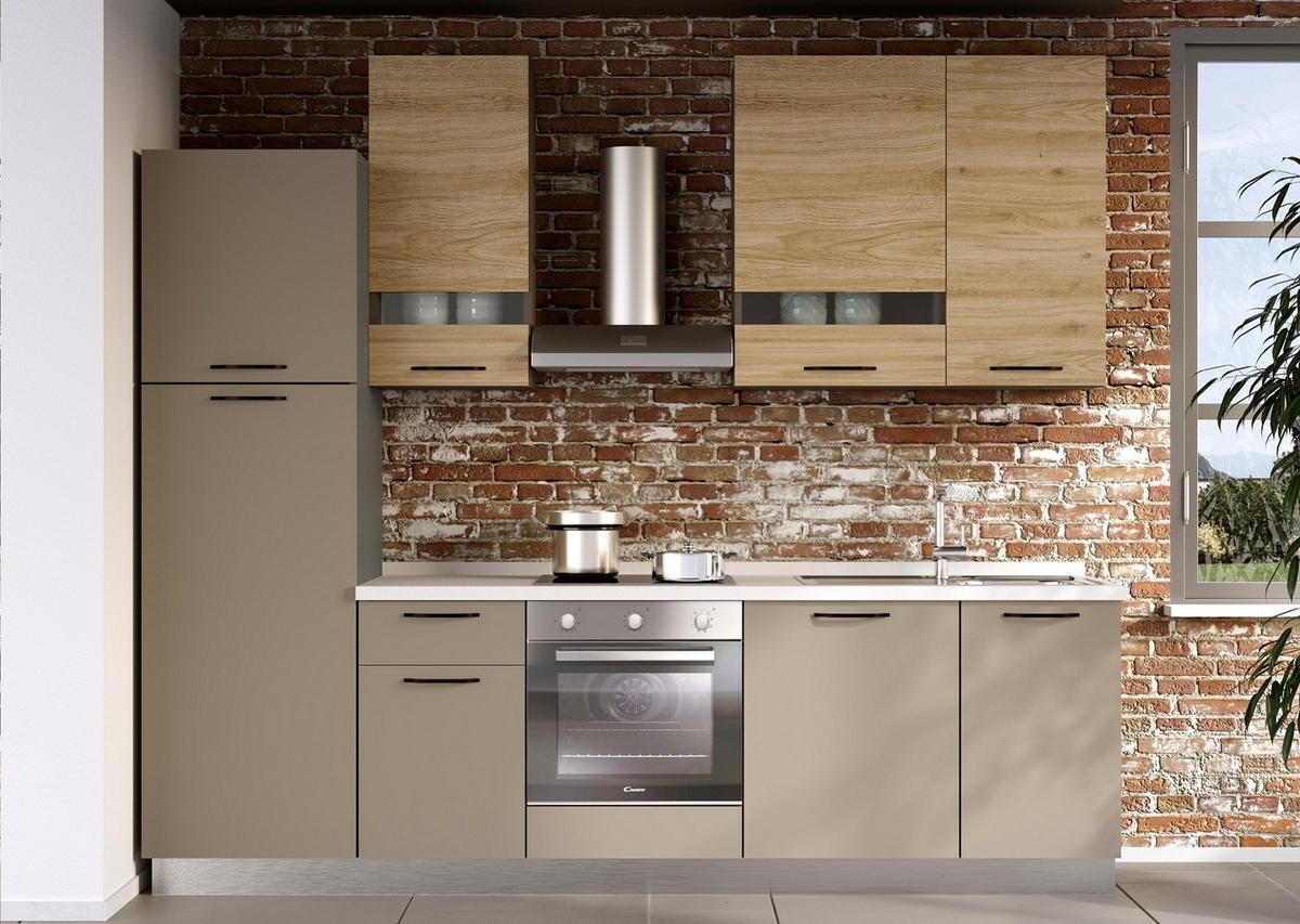 Bucatarie standard LORY - gri-maro/culoare lemn stejar, Modern, metal/material pe bază de lemn (270/240/60cm) - Mömax