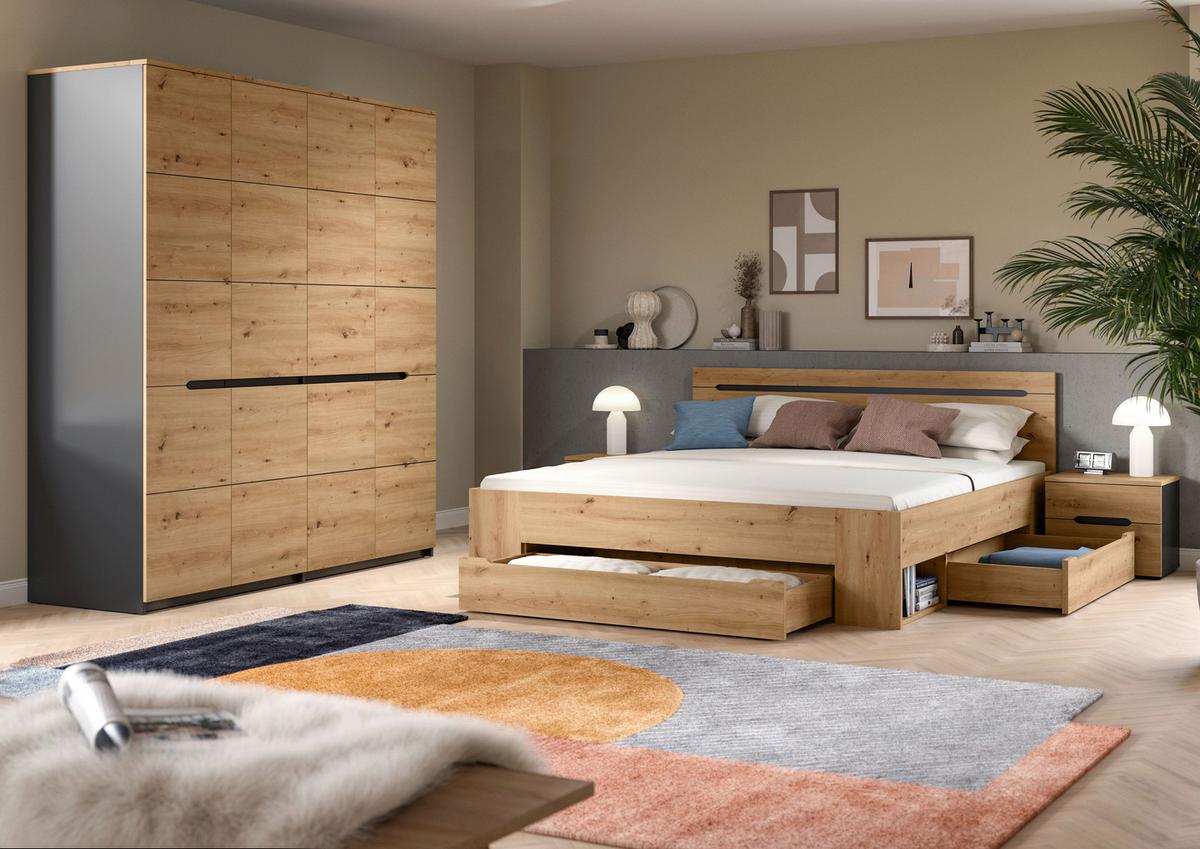 Schlafzimmer 4-teilig Grau, Eiche Artisan - Eiche Artisan/Grau, MODERN, Holzwerkstoff - MID.YOU