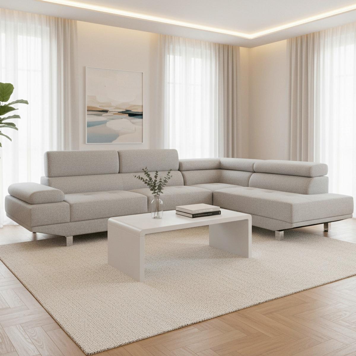 Wohnlandschaft Emely Hellgrau Webstoff - Chromfarben/Hellgrau, MODERN, Holz/Textil (267/196cm) - Bessagi Home