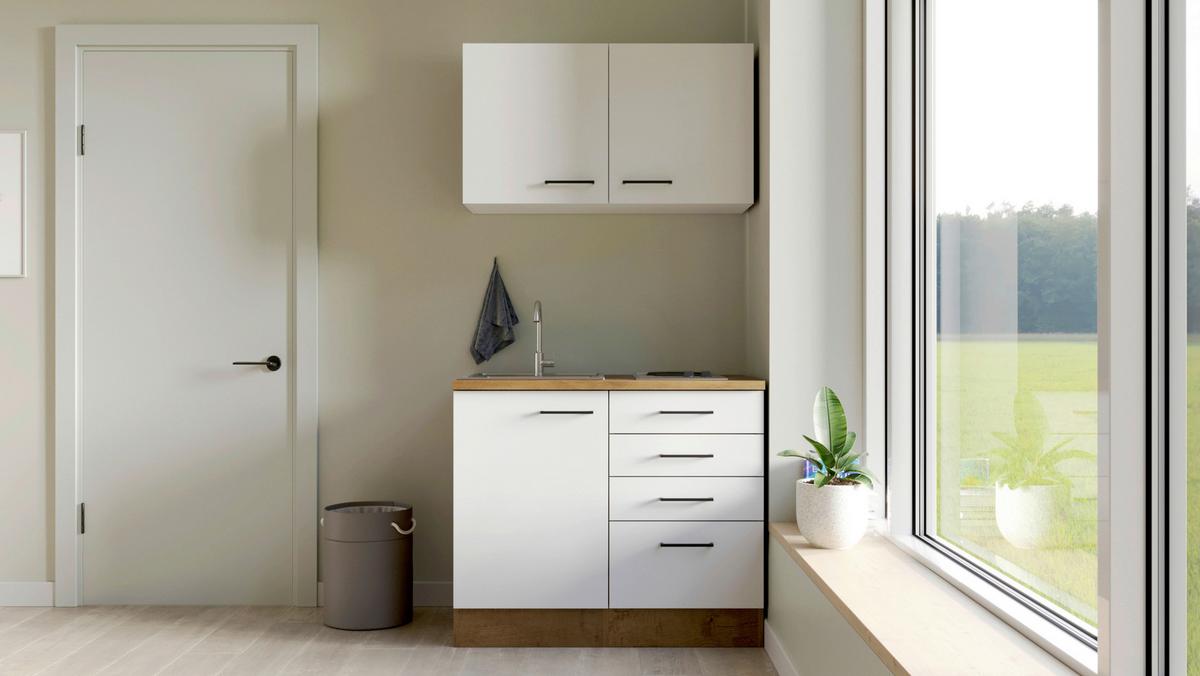 Miniküche Avila Eichefarben/Magnolie - Eichefarben/Magnolie, MODERN, Holzwerkstoff/Metall (100cm) - FlexWell