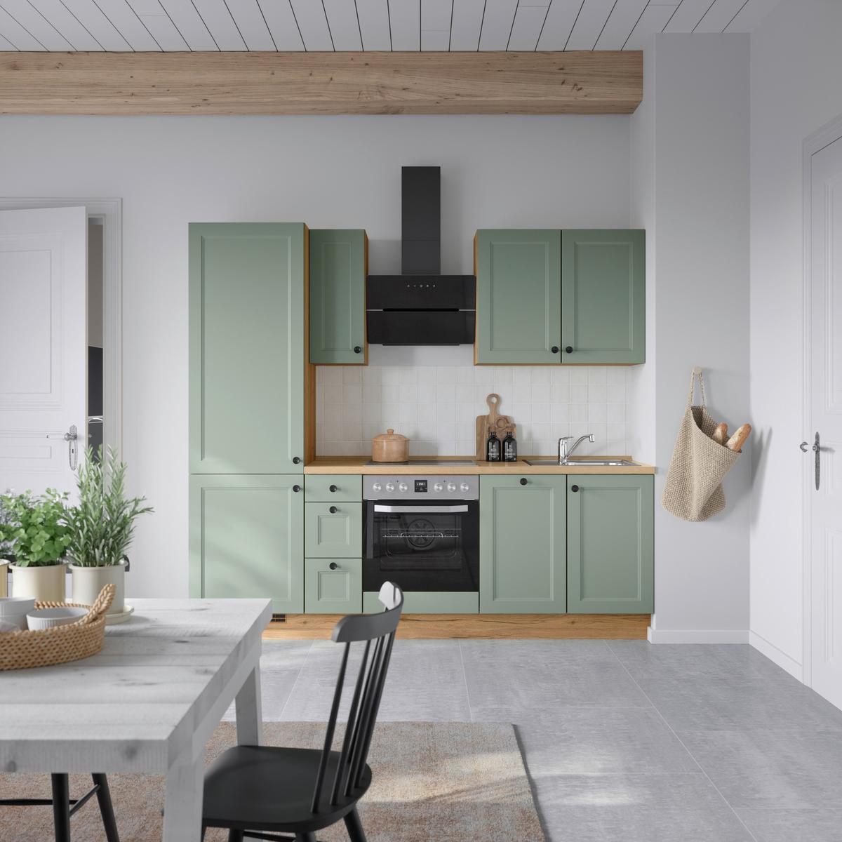 Küchenblock Cascada High m. Geräten Schilfgrün - Schilfgrün/Eichefarben, MODERN, Holzwerkstoff/Metall (240cm) - Nobilia