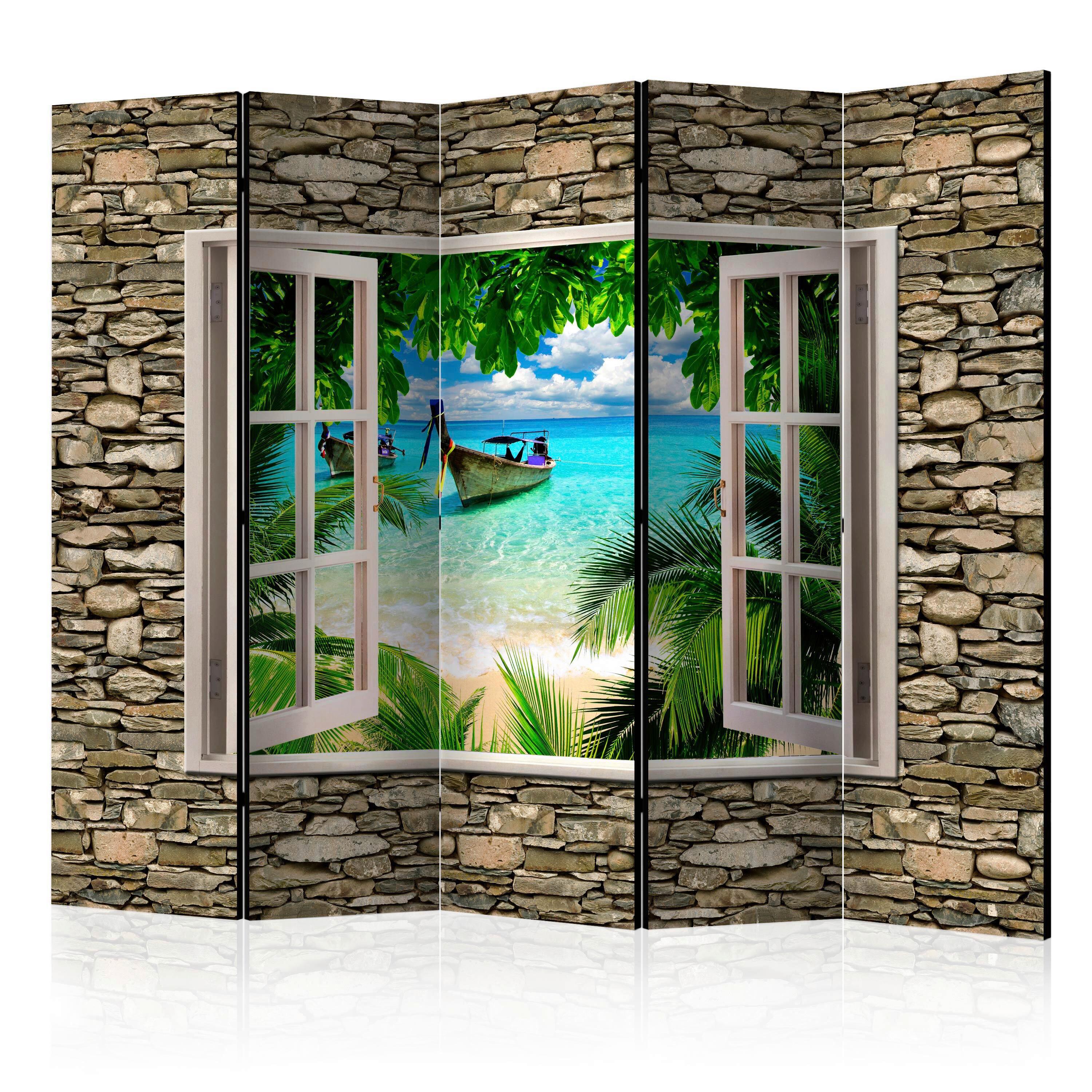 Paravan Tropical Beach I, 5-Delni, Dvostranski - svetlo modra/rjava, Basics, tekstil/les (225/172/3cm) - artgeist