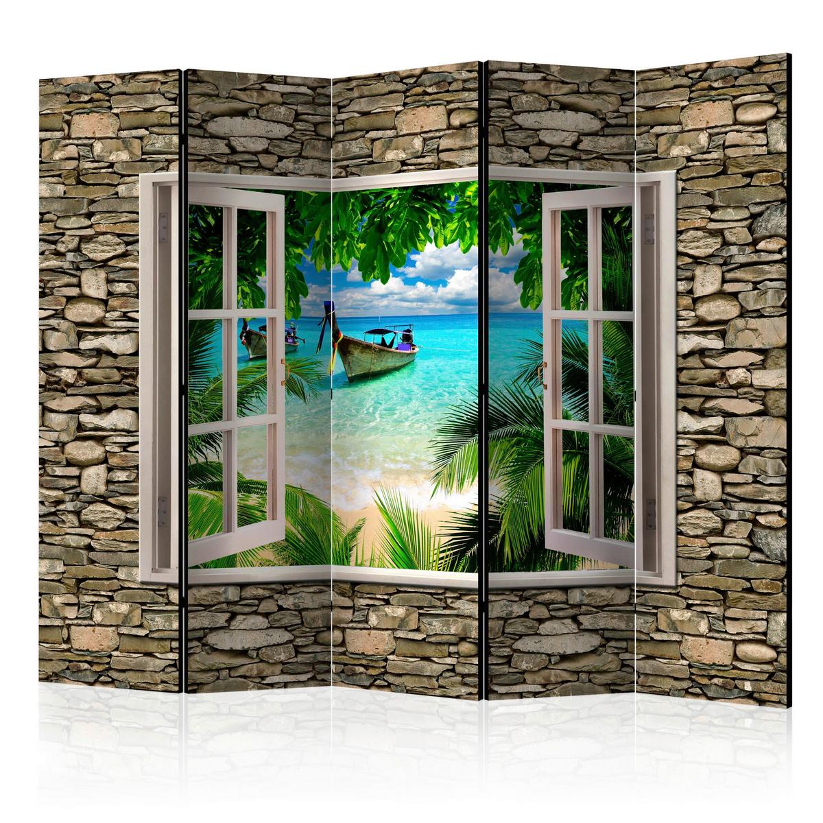 Paravan Tropical Beach I, 5-Delni, Dvostranski - svetlo modra/rjava, Basics, tekstil/les (225/172/3cm) - artgeist