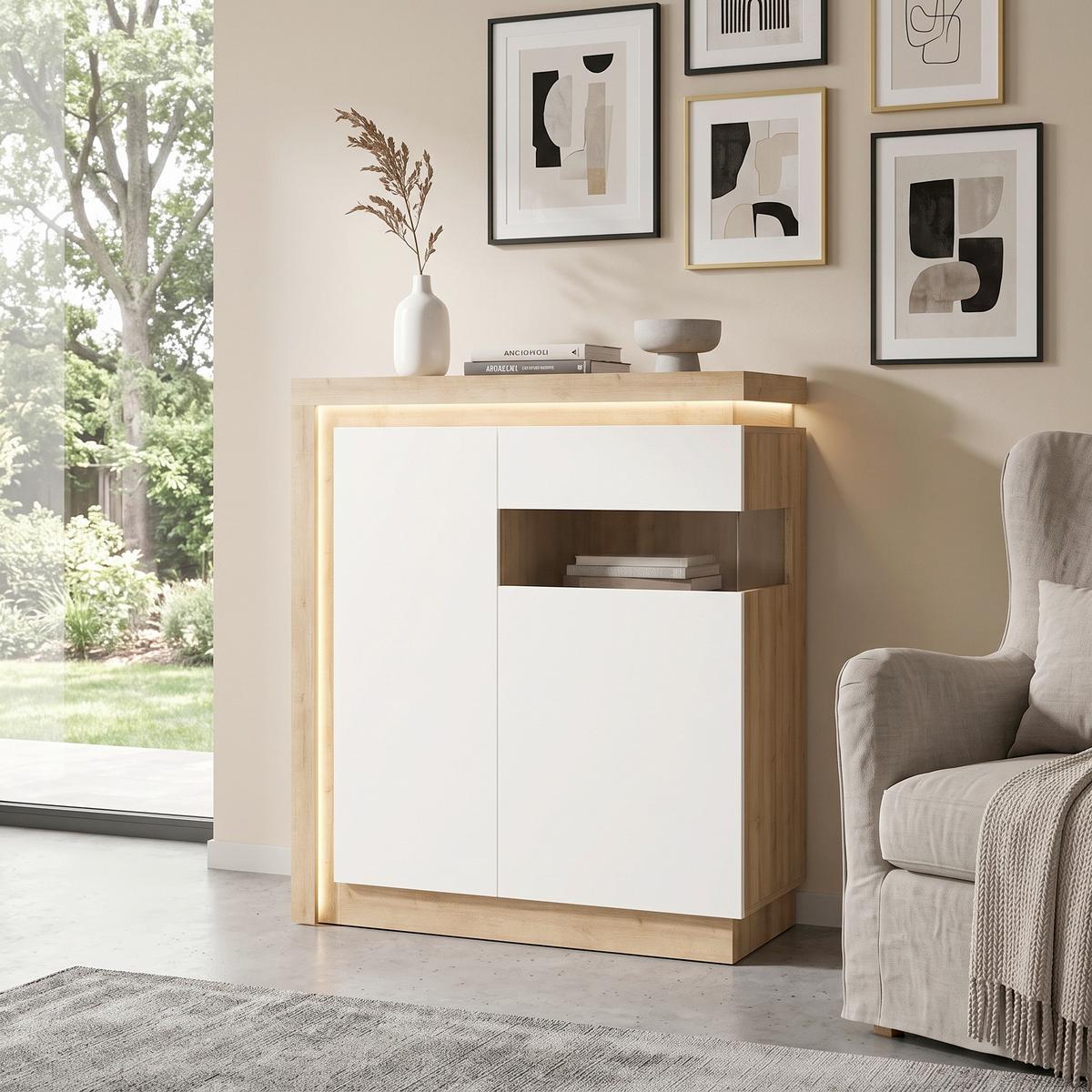 Komoda Lyon Hell - boje hrasta/bijela visoki sjaj, Trend, staklo/drvni materijal (107,5/123,6/42cm) - Modern Living