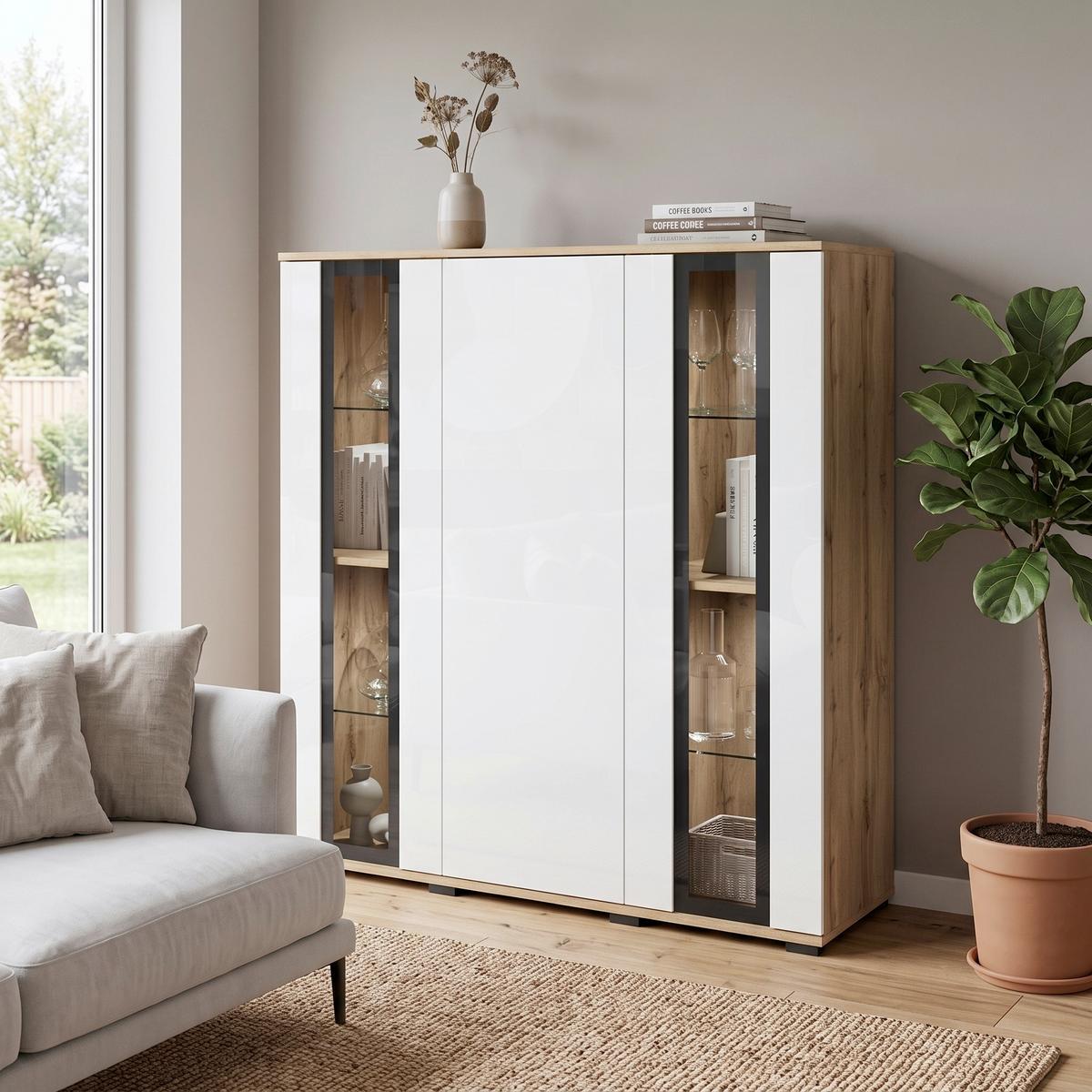 Highboard Caro 120 - Weiss Hochglanz/Eiche Wotan, Design, Glas/Holzwerkstoff (120/121,9/39,5cm) - P & B