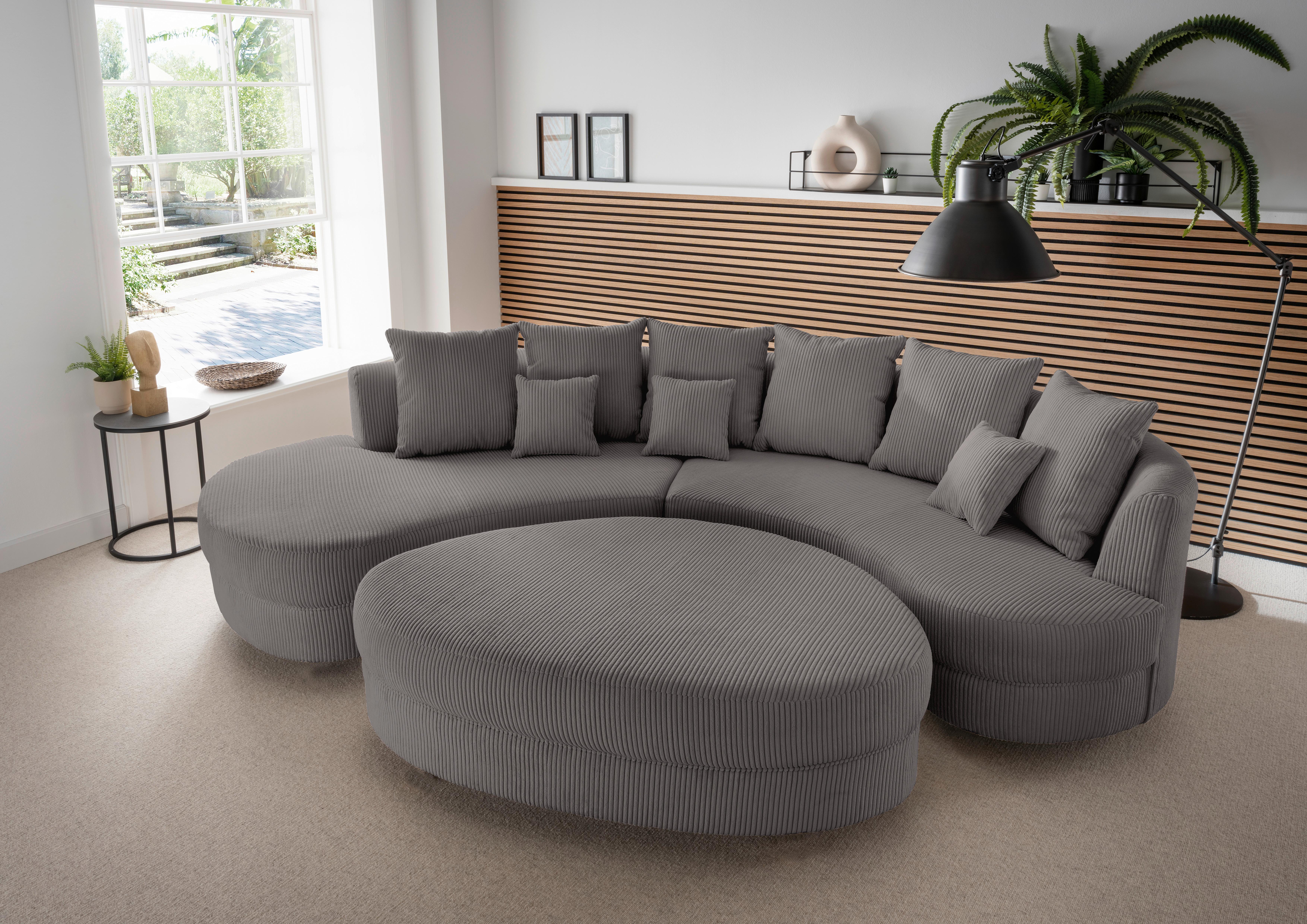 Wohnlandschaft Limoncello m. Hocker ca. 160x300cm Grau Cord - Schwarz/Grau, Design, Kunststoff/Textil (160/300cm) - Livetastic