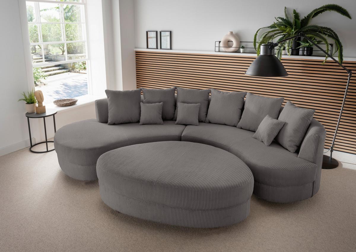 Wohnlandschaft Limoncello m. Hocker ca. 160x300cm Grau Cord - Schwarz/Grau, Design, Kunststoff/Textil (160/300cm) - Livetastic