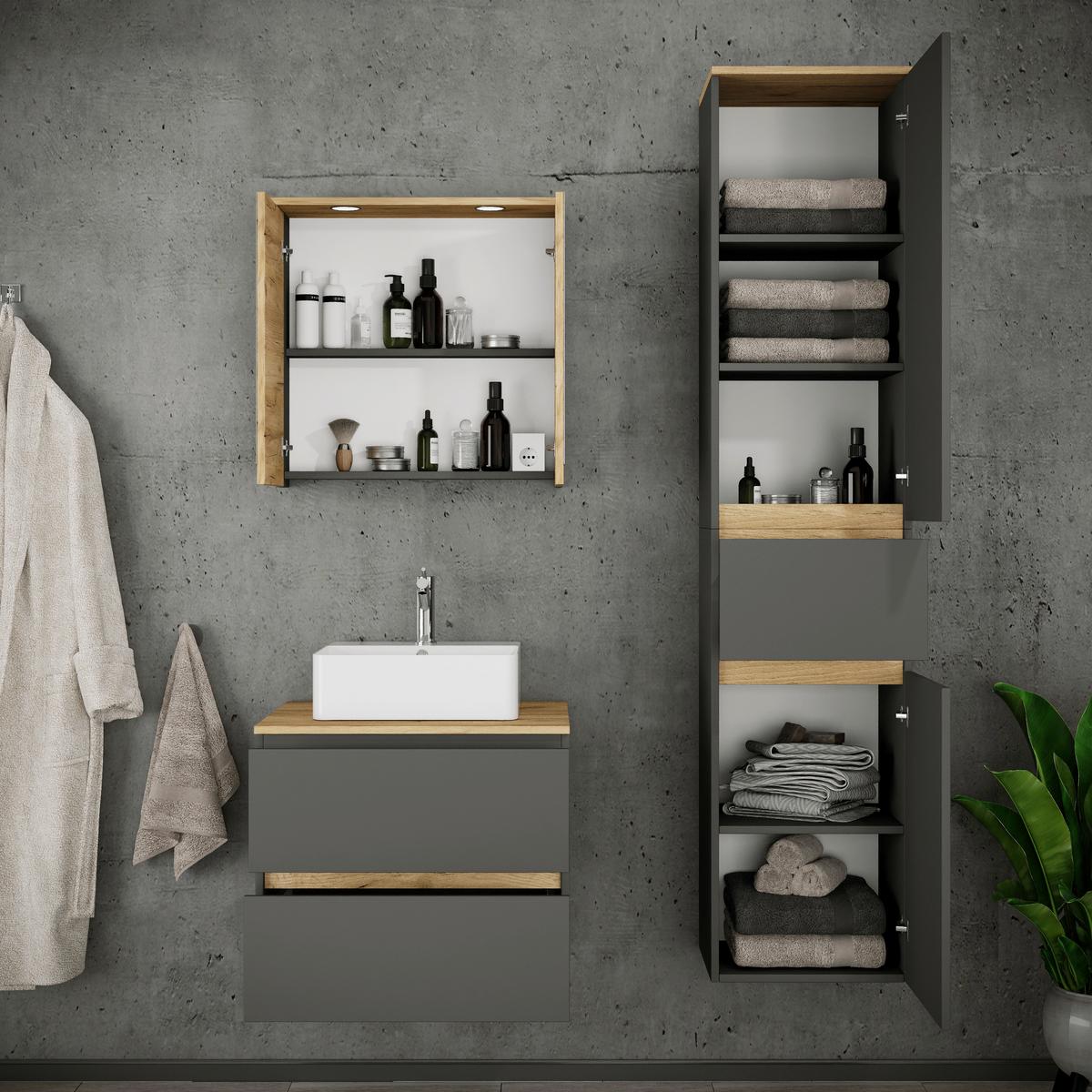 Badezimmer Cosila - Honigeiche/Weiss, Trend, Keramik/Holzwerkstoff (90cm) - MID.YOU