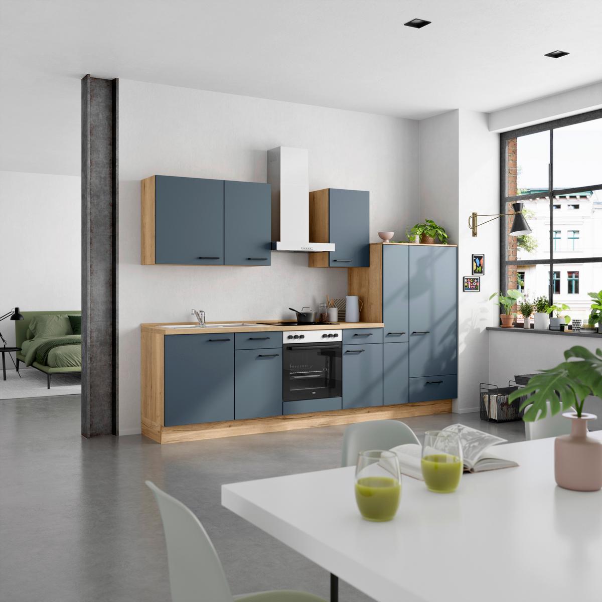 Küchenblock Easytouch Low m. Geräten Blau - Blau/Eichefarben, MODERN, Holzwerkstoff/Metall (300cm) - Nobilia