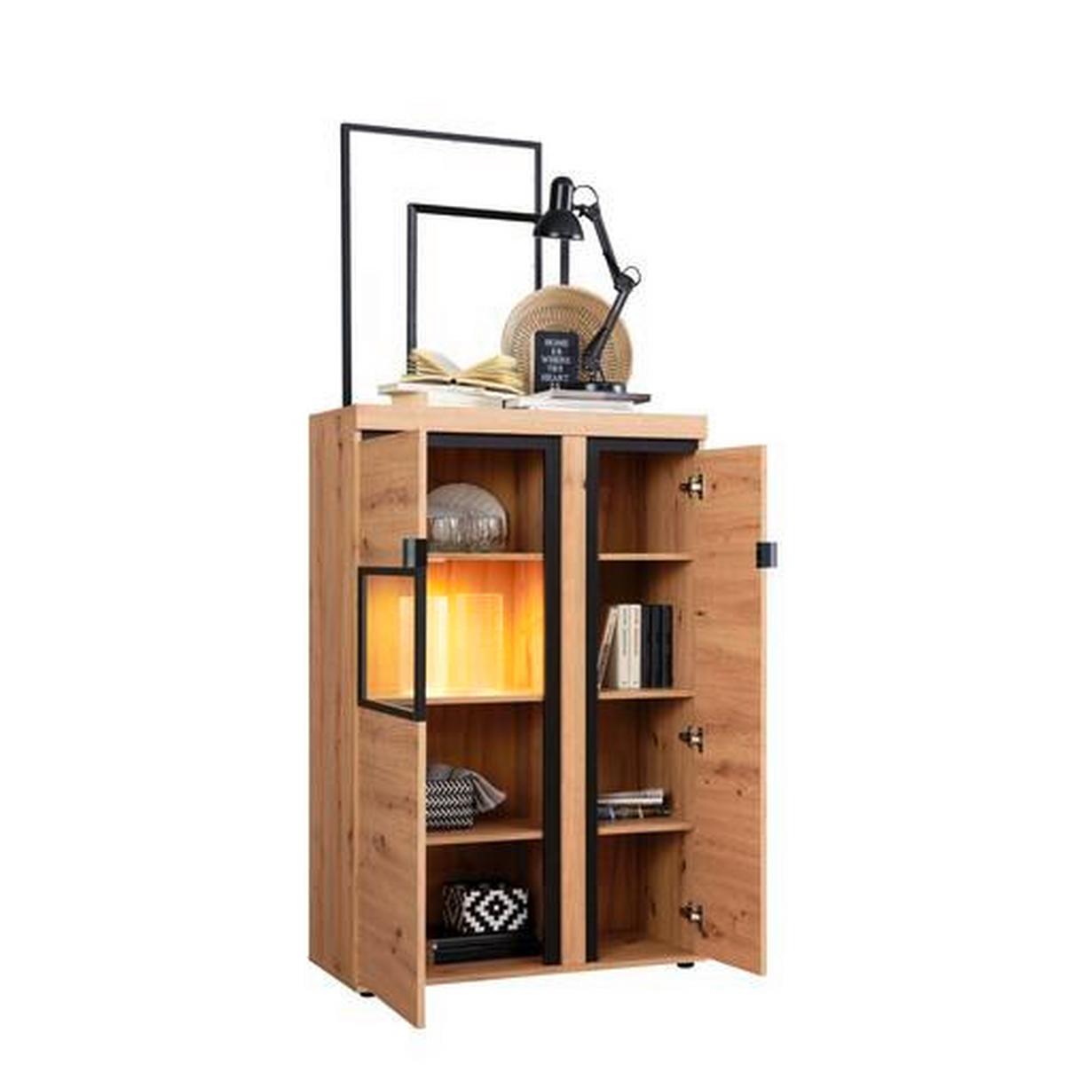 Vitrina Nyon - boje hrasta/crna, Moderno, staklo/drvni materijal (89/138,1/40,5cm) - Modern Living