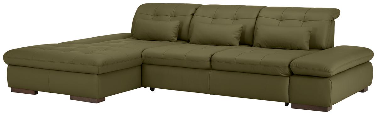 Wohnlandschaft Sanfino Leder Olivgrün - Chromfarben/Olivgrün, KONVENTIONELL, Leder/Metall (199/79-96/305cm) - Premium Living