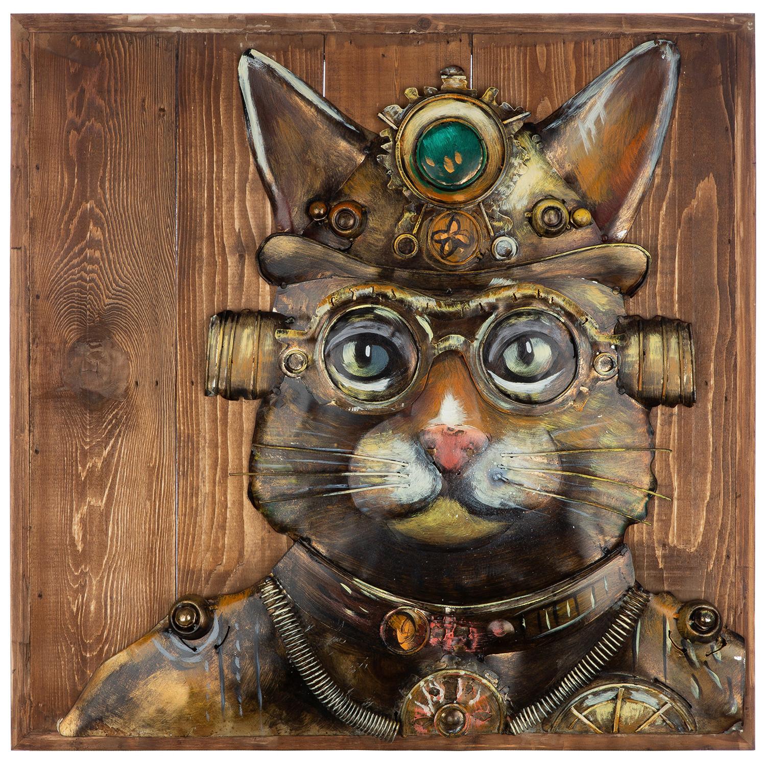 Metallbild Steampunk Cat Braun/Hellbraun - Hellbraun/Braun, Basics, Holz/Metall (50/50/5,5cm)